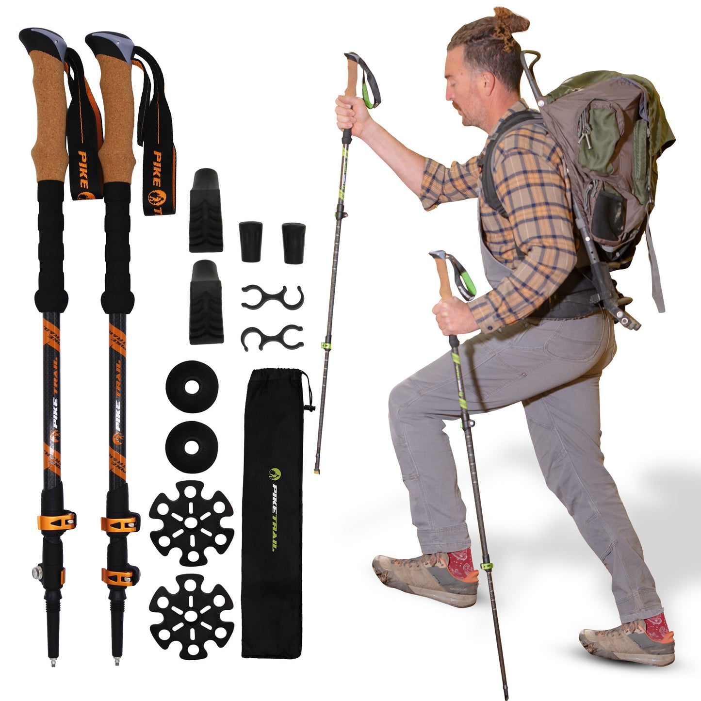 A man in hiking gear with a large backpack uses Pike Trail Carbon Fiber Trekking Poles. Next to him are Pike Trail hiking pole accessories—rubber tips, baskets, clips, and a carrying bag—displayed on a white background.