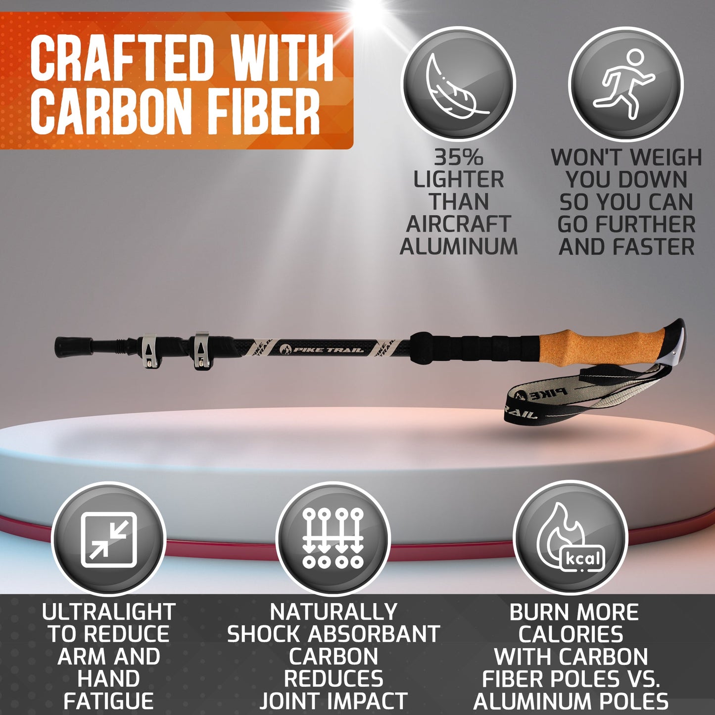 The Pike Trail Carbon Fiber Trekking Poles are 35% lighter than aircraft aluminum, ultralight, shock absorbent, and help burn more calories compared to other collapsible trekking poles. Ideal for hiking, hunting, trekking, and Nordic walking.