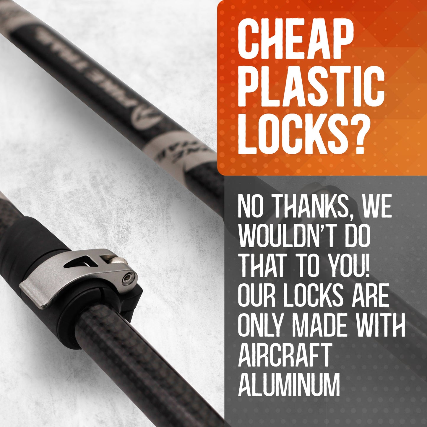 Close-up of two aircraft aluminum locks on black poles, with text: “No cheap plastic here! Pike Trail Carbon Fiber Trekking Poles feature ultralight, high-performance aluminum locks—for hiking, hunting, trekking or Nordic walking.”.