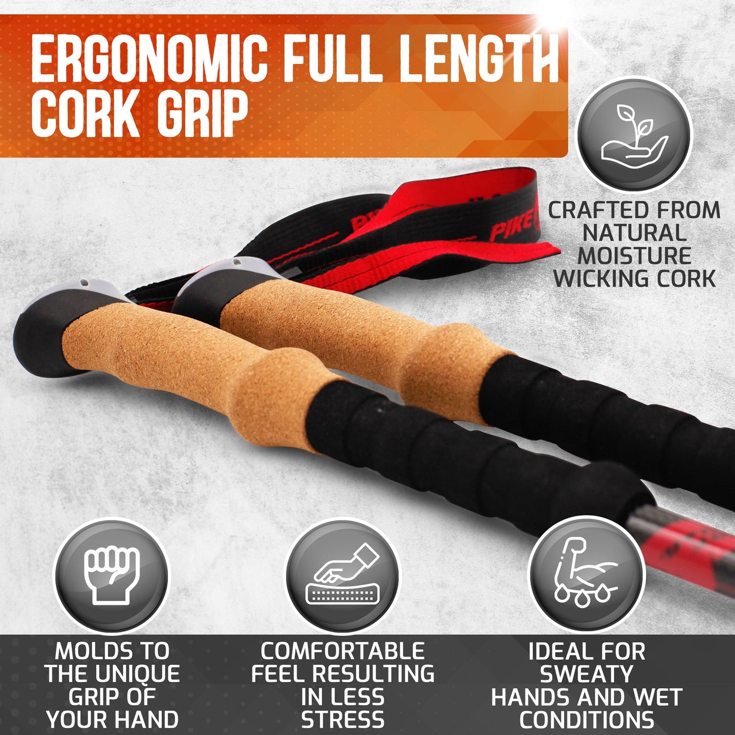 The Pike Trail Carbon Fiber Trekking Poles feature ergonomic cork grips that wick moisture, mold to your hand, and maximize comfort—ideal for hiking with sweaty or wet hands. Includes black foam support; perfect for trekking and Nordic walking.