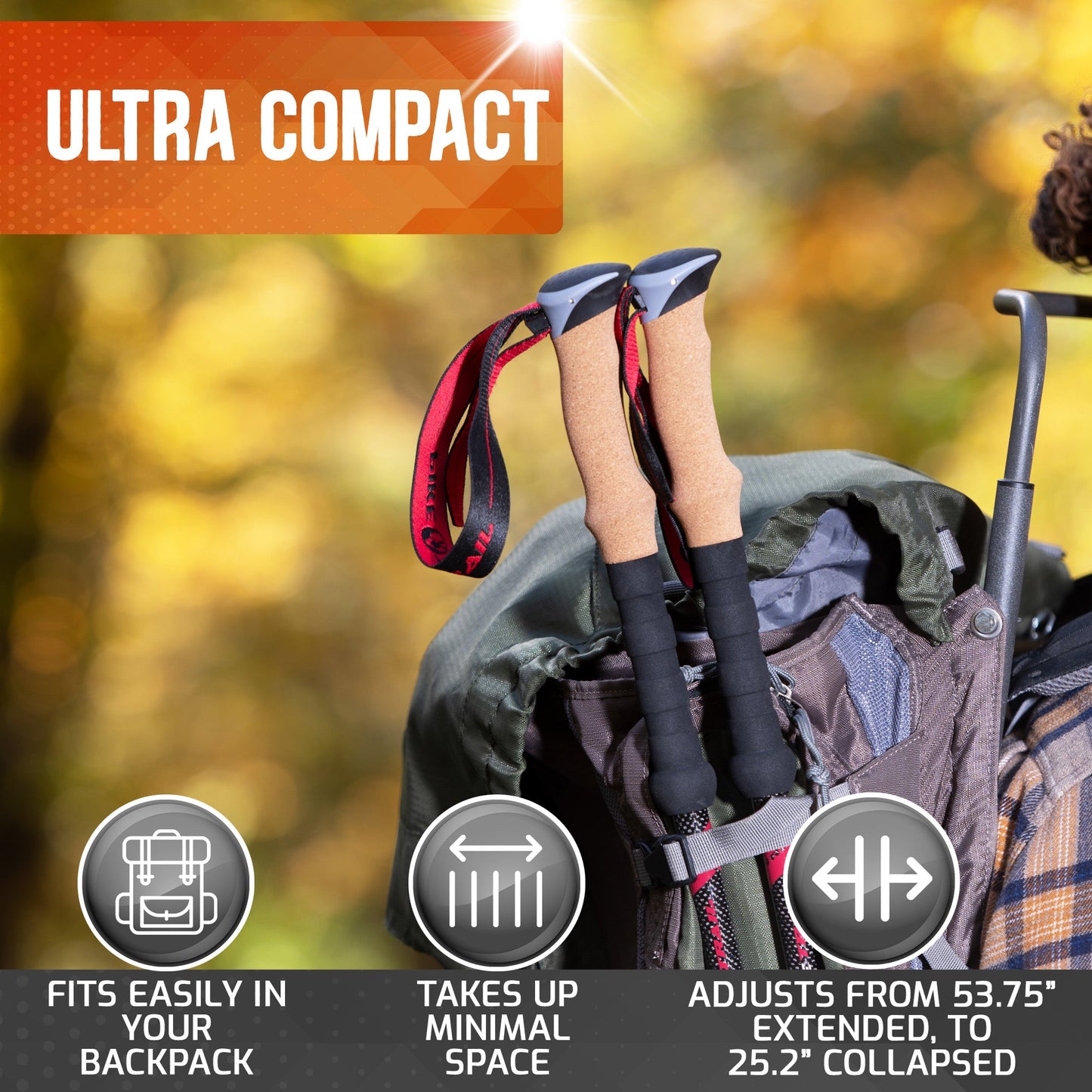 Pike Trail Carbon Fiber Trekking Poles—high performance hiking sticks with cork handles—are strapped to a backpack outdoors. Text reads “Ultra Compact,” with icons for portability, minimal space, and adjustable length.