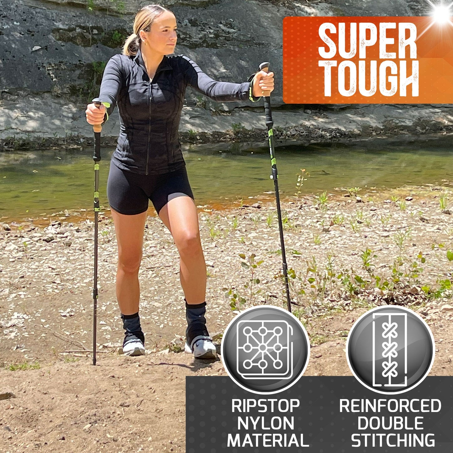 A woman in athletic wear stands outdoors with trekking poles and a river, wearing Pike Trail Mid-Length Gaiter – Small/Medium Adjustable Fit. Text highlights: SUPER TOUGH, RIPSTOP NYLON MATERIAL, and REINFORCED DOUBLE STITCHING.
