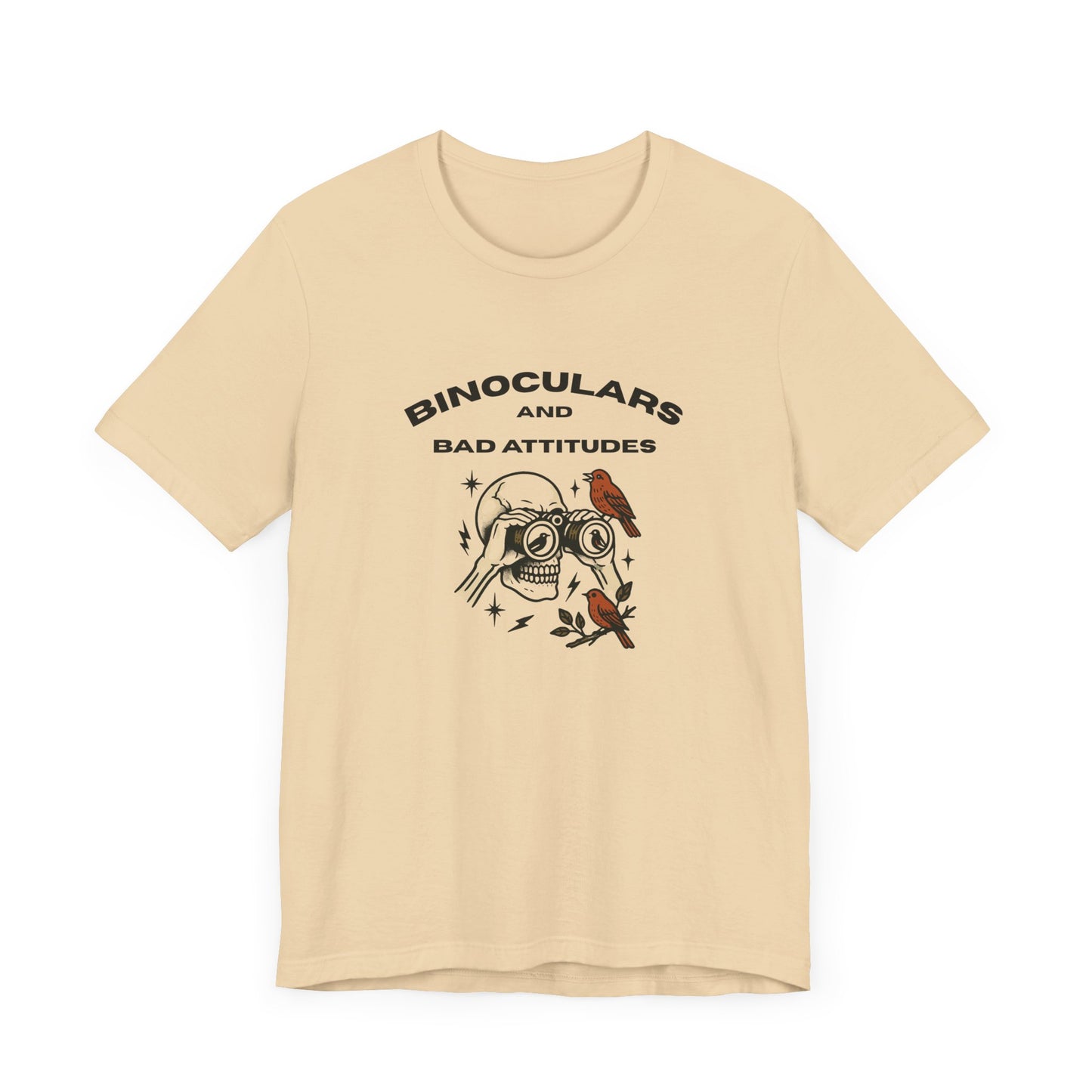 The Printify “Bird Watching Is Hardcore” T-shirt features a skull with binoculars, birds, and stars, plus the phrase BINOCULARS AND BAD ATTITUDES”—a perfect punk birder shirt for misfits and field freaks.