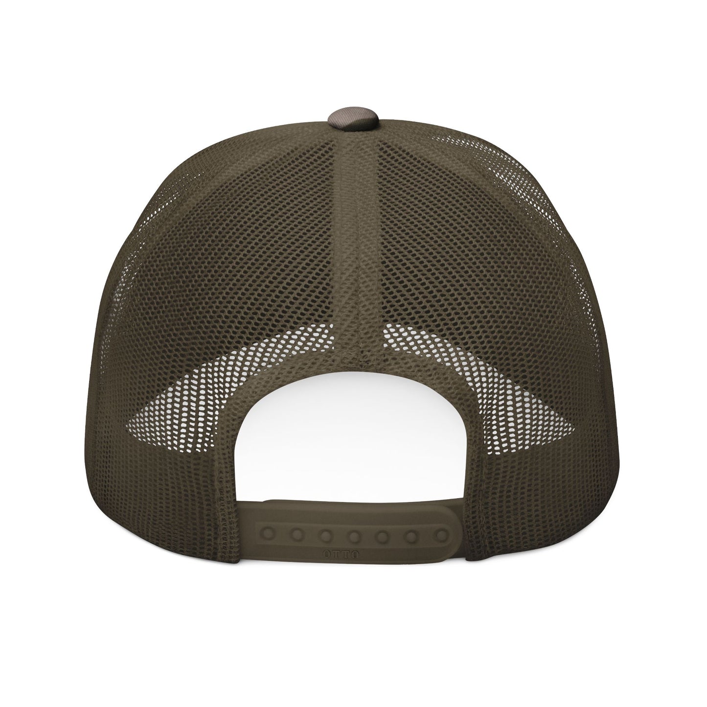 A rear view of the Be Inconvenient Camo Trucker Hat | Rebel Outdoors Snapback by Iron Pines (Printify), featuring an olive green camo design, open back, breathable mesh, and adjustable snapback closure.