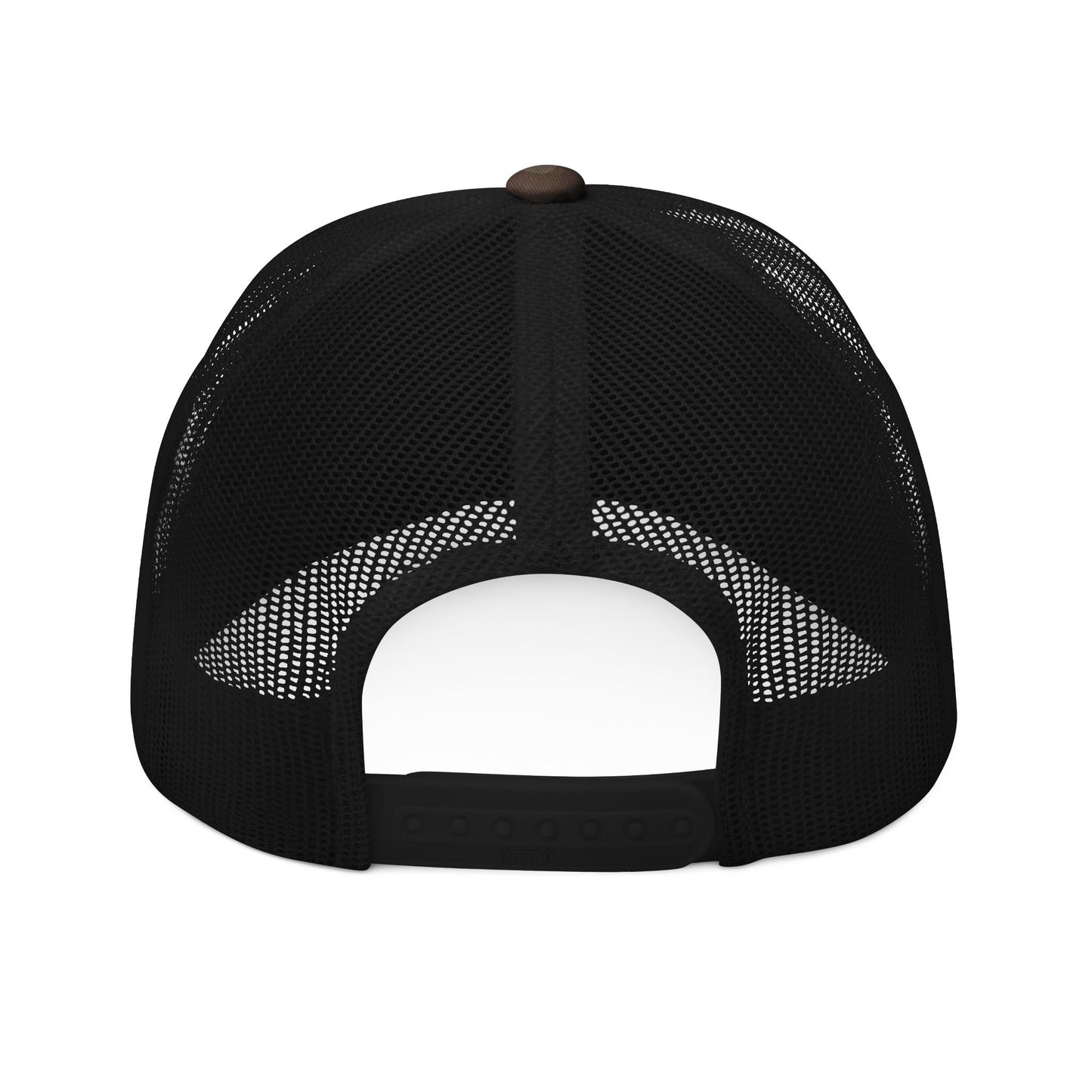 Back view of the Be Inconvenient Camo Trucker Hat by Printify, a black mesh snapback from Iron Pines’ Rebel Outdoors line, featuring an adjustable closure and a small top button.