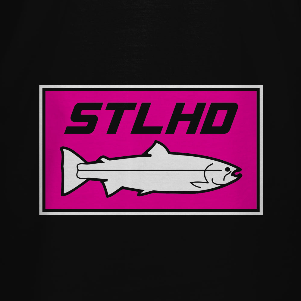 The STLHD GEAR Men’s Neon Pink Black T-Shirt features a rectangular logo with a hot pink background, white fish illustration, and bold black STLHD letters, inspired by the fan-favorite tee.