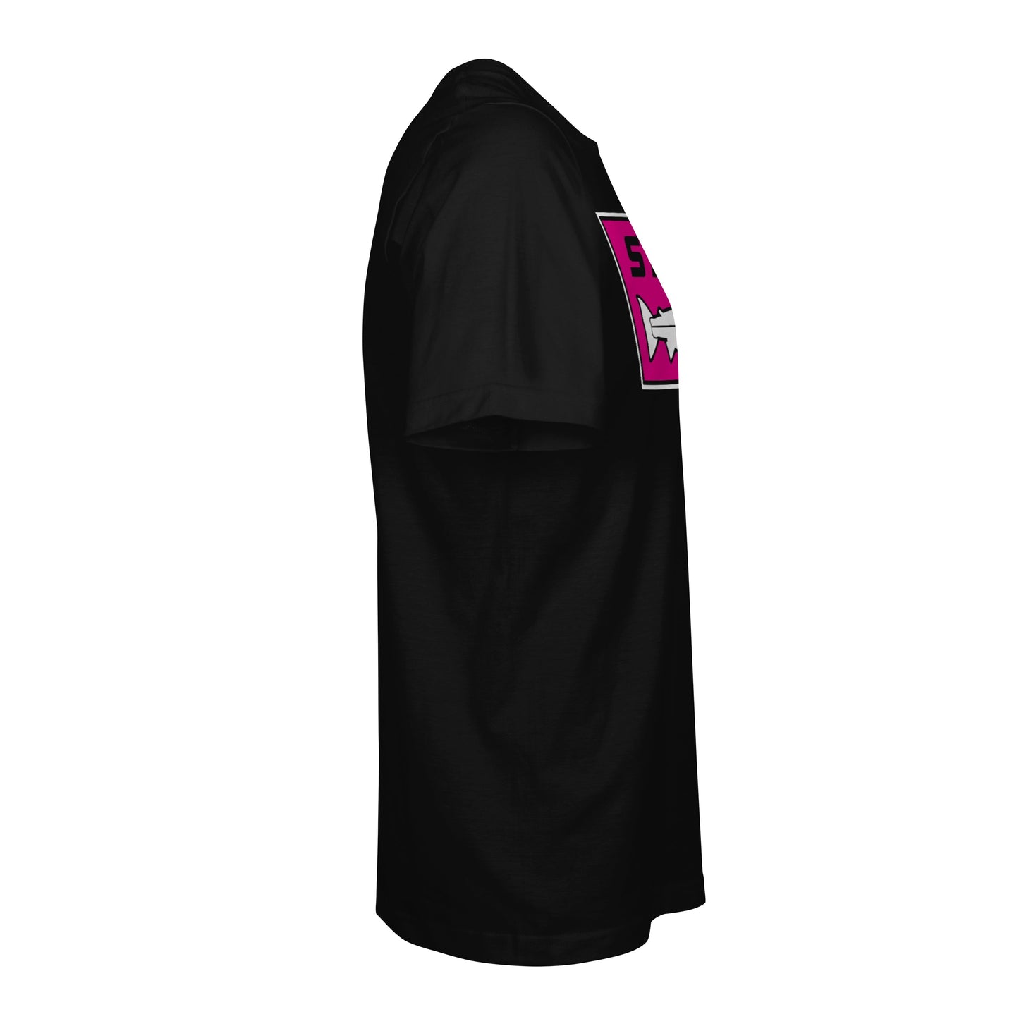 Side view of the STLHD Mens Neon Pink Black T-Shirt by STLHD GEAR, featuring a partially visible pink and white rectangular graphic on the front, made with durable Chromelite material and displayed on a plain white background.