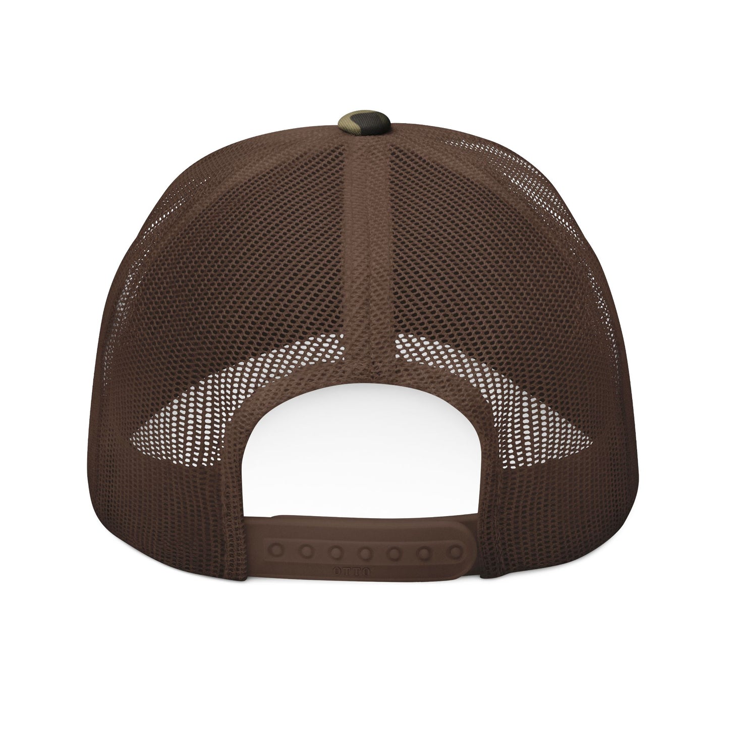 Back view of the Be Inconvenient Camo Trucker Hat | Rebel Outdoors Snapback by Iron Pines from Printify, featuring brown mesh camo, a black top button, and an adjustable snapback closure.
