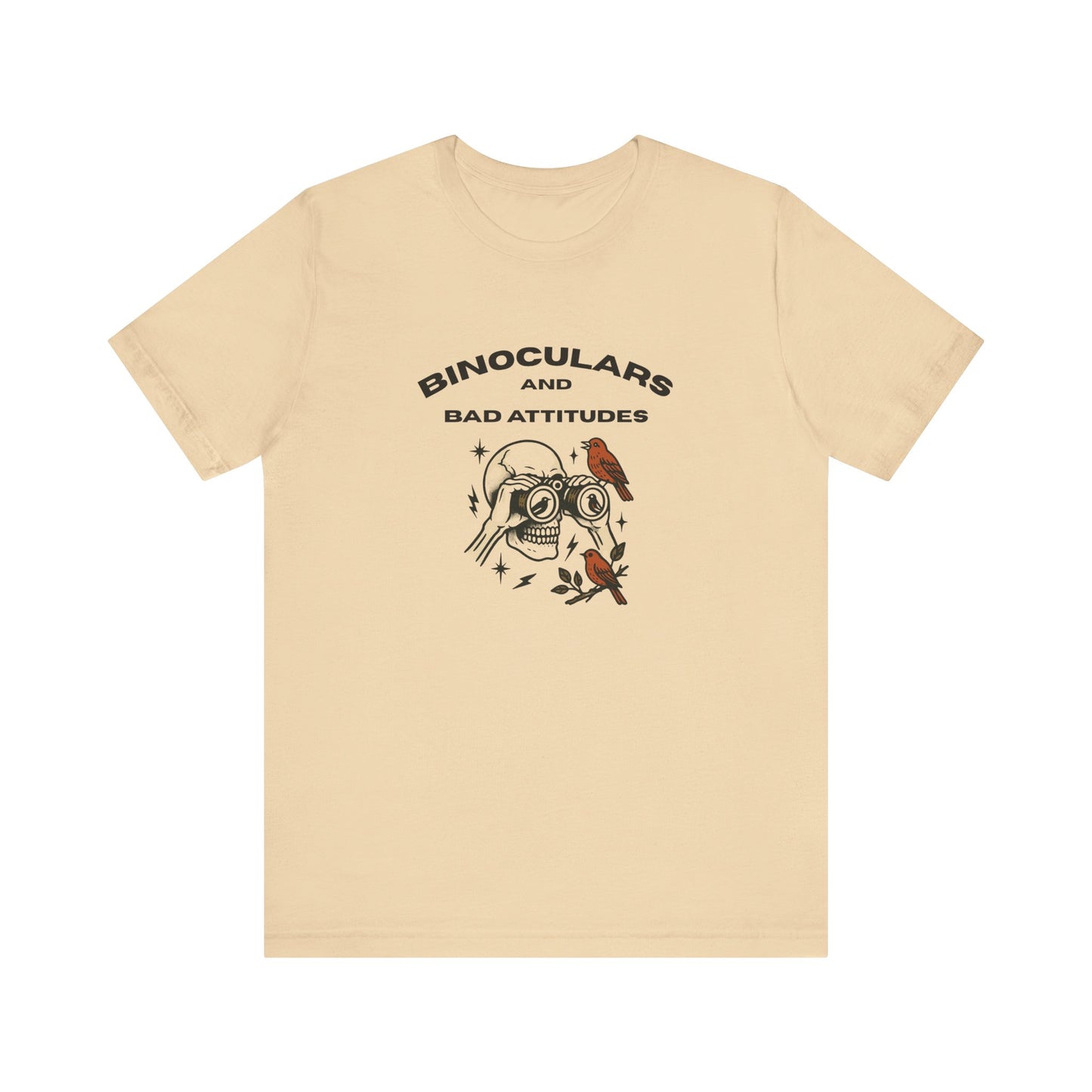The Bird Watching Is Hardcore T-Shirt by Printify features binoculars with eyes, a bird, stars, and “BINOCULARS AND BAD ATTITUDES”—perfect for punk birder misfits or any bold ornithologist who loves a funny statement shirt.