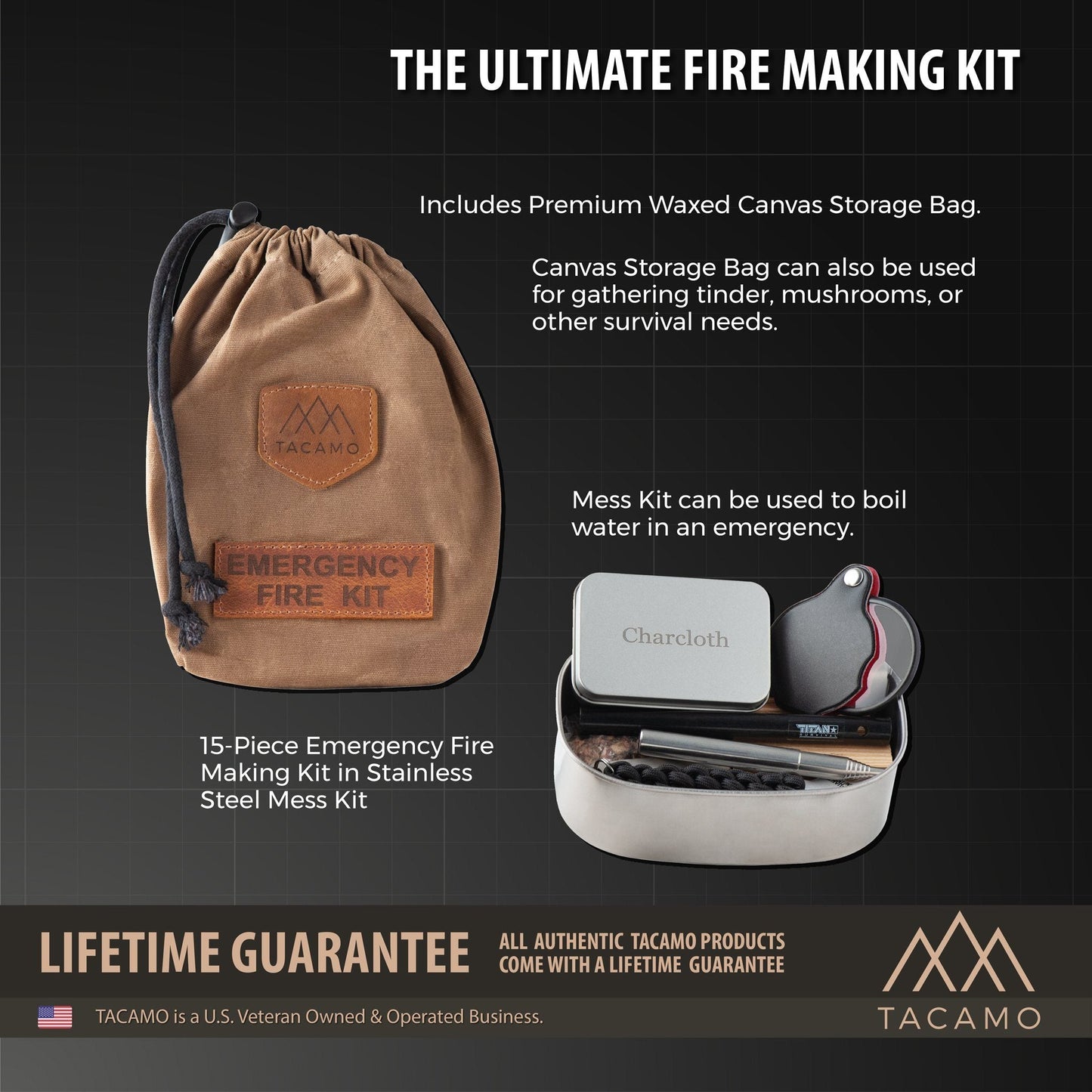 A TITAN Survival TACAMO 15-Piece Emergency Fire Kit comes in a premium waxed canvas bag and stainless steel mess kit, revealing fire-making tools like a ferro rod—highlighting its lifetime guarantee.