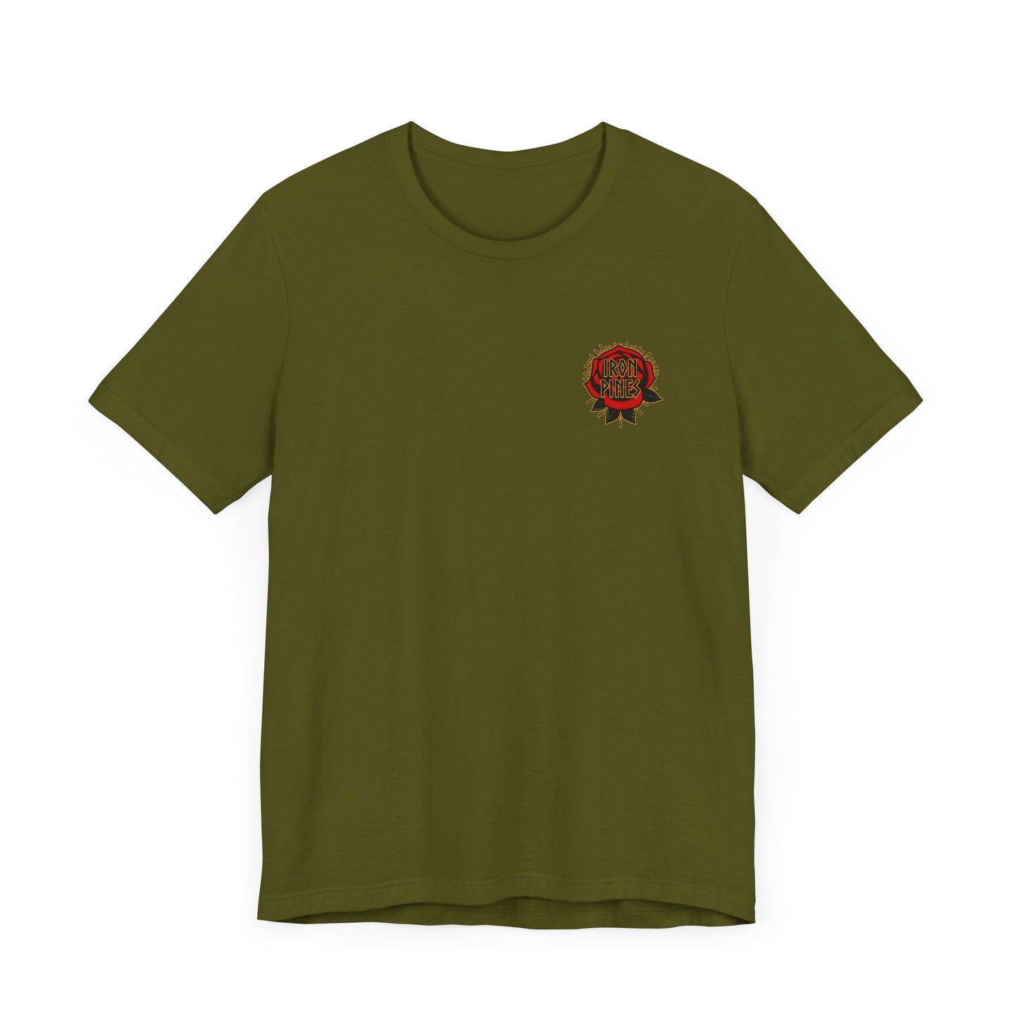 The Never Mistake My Kindness For Weakness Tee by Printify is an olive green unisex graphic t-shirt with a small, circular red and black embroidered Iron Rider patch on the left chest, made from soft Airlume cotton and shown on a white background.