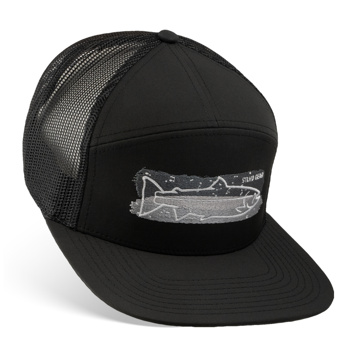 The STLHD Chrome Performance Flat Bill Hat by STLHD GEAR features black mesh, a white embroidered fish, Stay Grind on the front panel, and an adjustable snapback for the perfect fit.