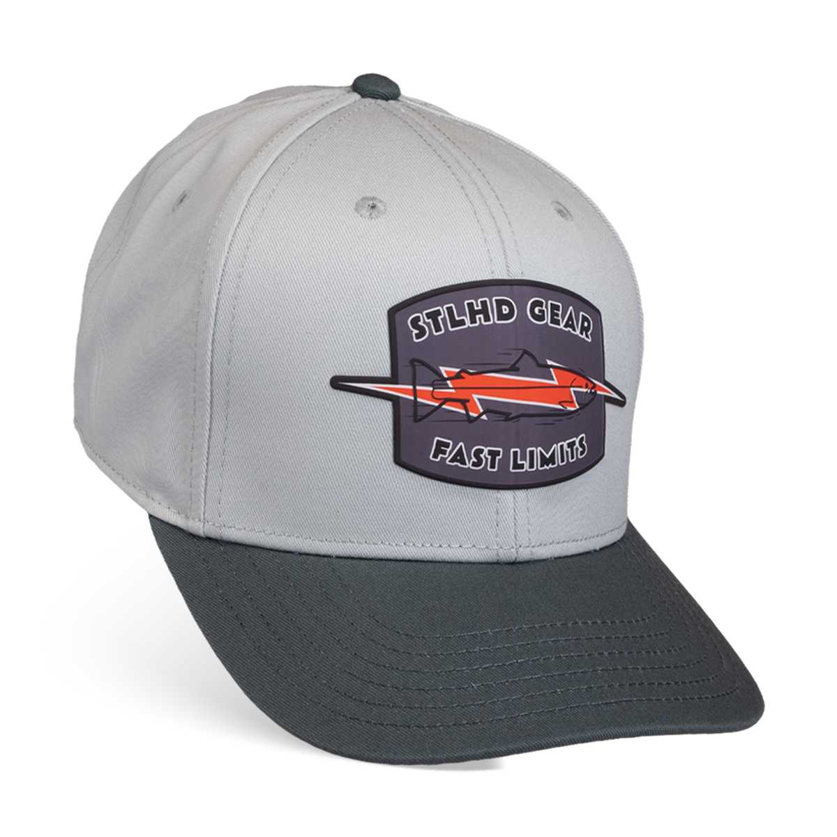 The STLHD GEAR Fast Limits Hat features a light gray crown, dark gray bill, and a patch with a stylized fish and orange bolt. This two-tone adjustable snapback offers breathable comfort for any adventure.