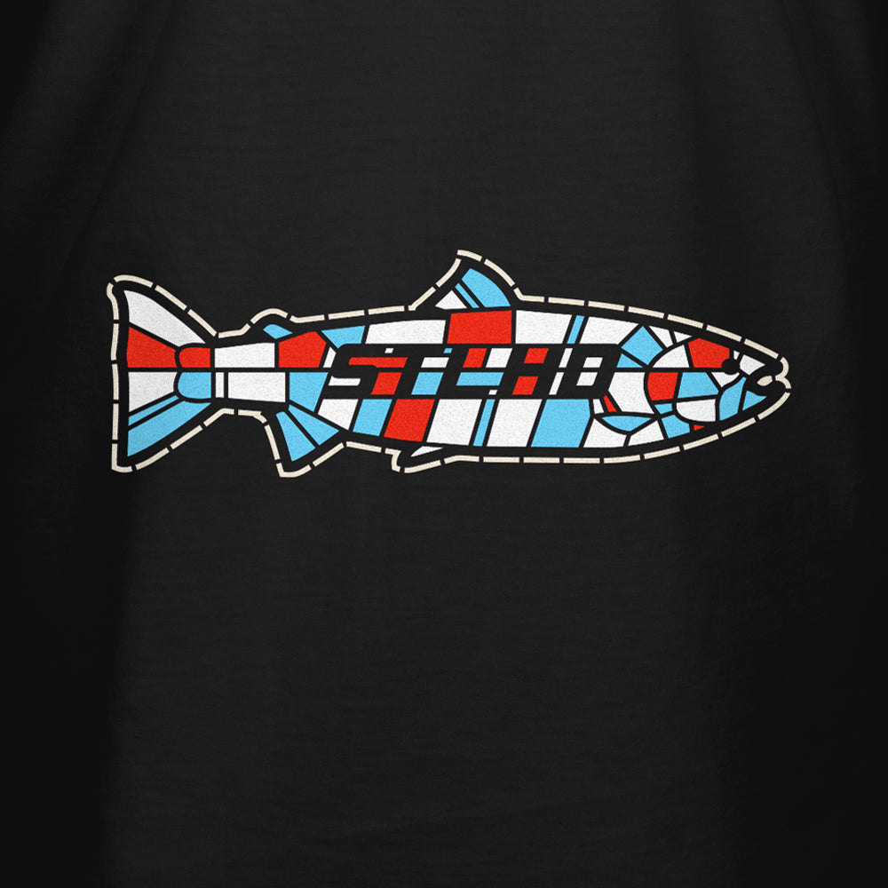 The STLHD GEAR Mens Saint Sasquatch Black T-Shirt features a fish graphic in blue, red, and white geometric shapes with “STUB” across its body, inspired by breathable fishing shirt designs, set on a solid black background.