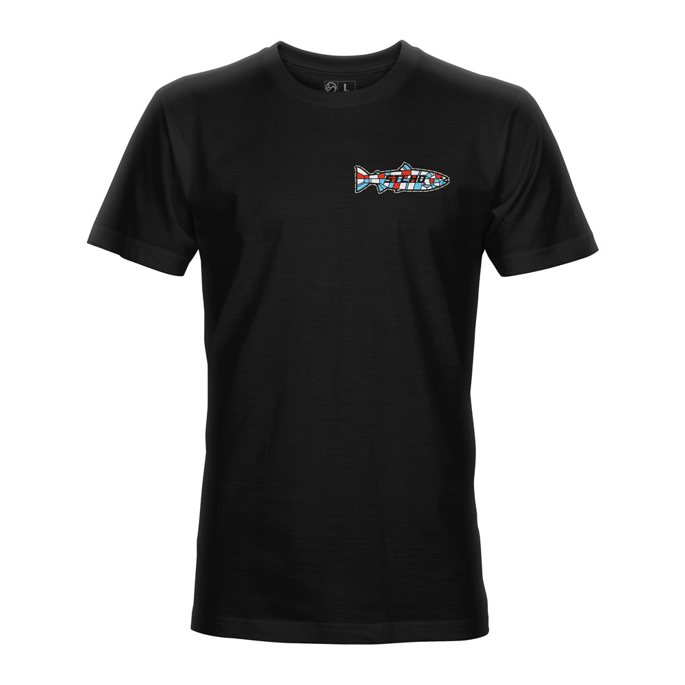The STLHD Mens Saint Sasquatch Black T-Shirt by STLHD GEAR features a small, colorful fish graphic with a patterned design on the left chest. Made from breathable fabric, this classic crew neck offers all-day comfort and style.