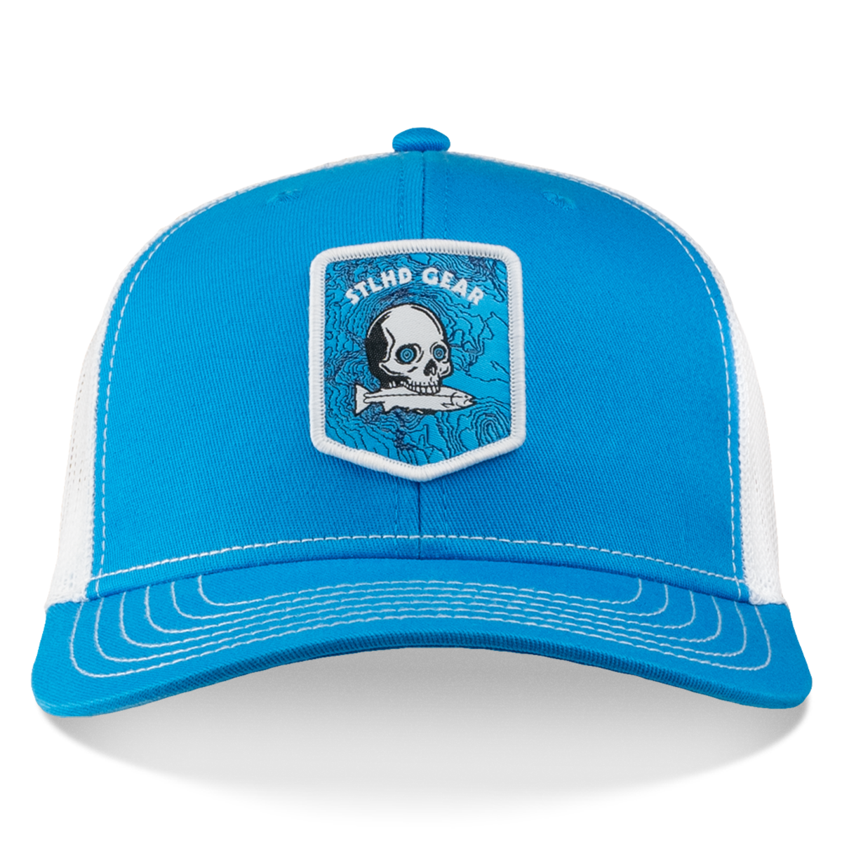 Blue and white cap with  STLHD GEAR skull and fish patch on a white background