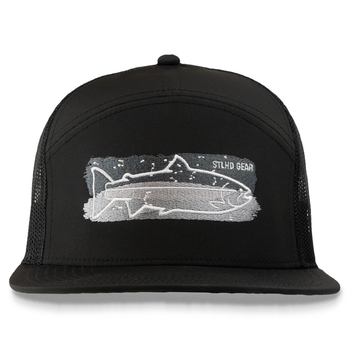 The STLHD GEAR Chrome Performance Flat Bill Hat is a black mesh snapback featuring a white outlined fish graphic and STLHD GEAR text on the front, inspired by the original Chrome Performance design.