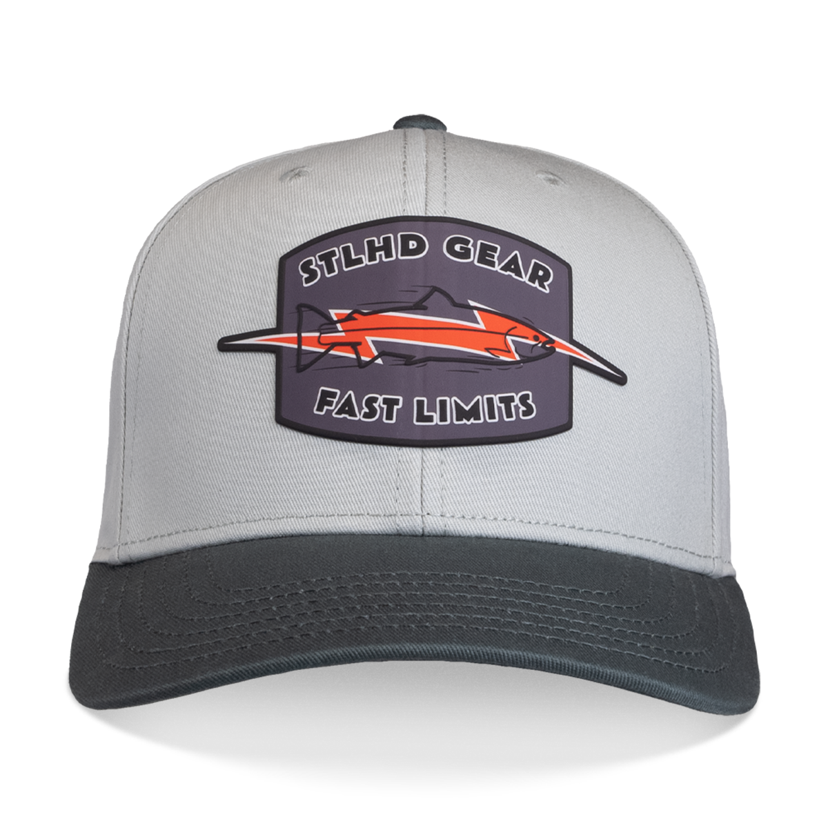The STLHD GEAR Fast Limits Hat features light and dark gray panels, a patch with an orange fish and STLHD GEAR FAST LIMITS, and an adjustable snapback for a stylish, breathable fit.