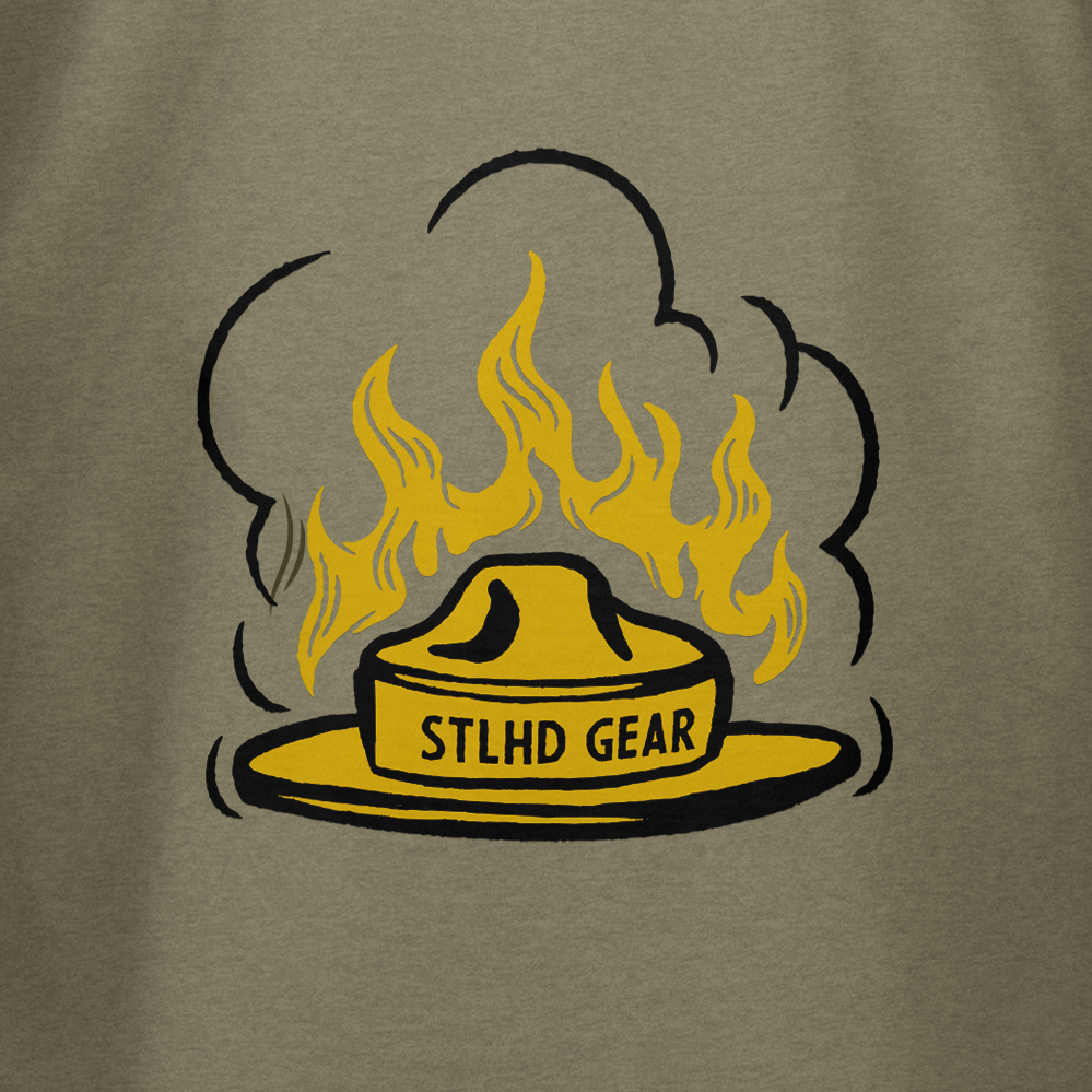 The STLHD Men’s Danger Ranger T-Shirt by STLHD GEAR features a yellow ranger hat with the logo, surrounded by yellow and black flames and smoke on an olive green background—a bold design for adventurers.