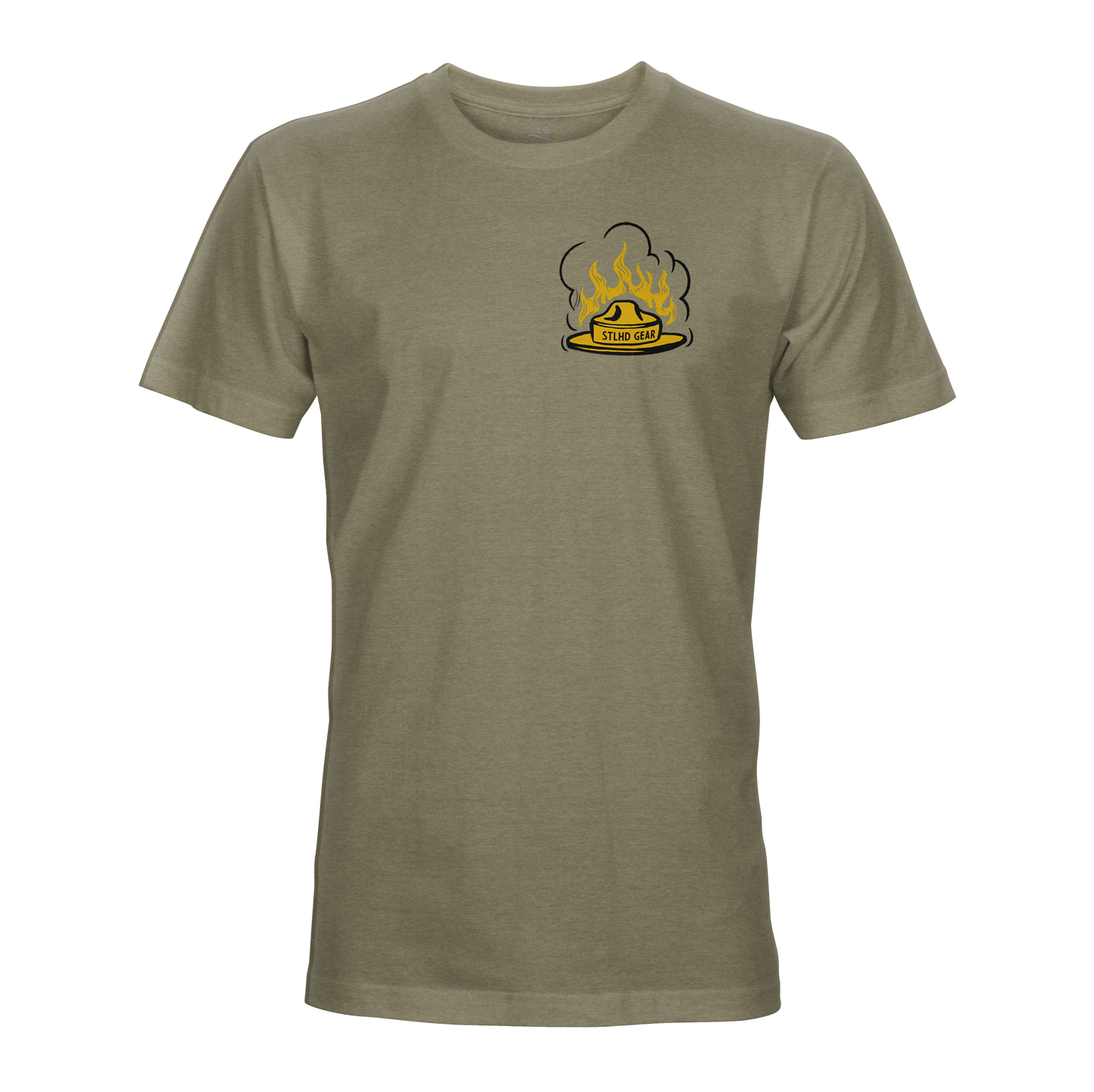 The STLHD GEAR Men’s Danger Ranger T-Shirt features olive green fabric, a small yellow flame graphic, and “The Grill” text on the left chest—a perfect adventure shirt.