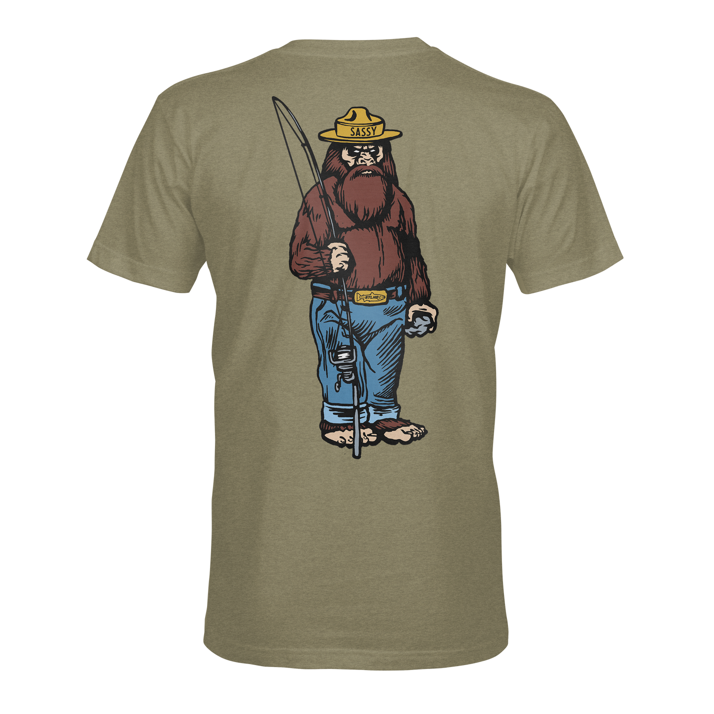 The STLHD Men’s Danger Ranger T-Shirt by STLHD GEAR features a cartoon Sasquatch in a yellow ranger hat and blue jeans with a fishing pole and tackle box, illustrated on the back of this olive green adventure shirt.