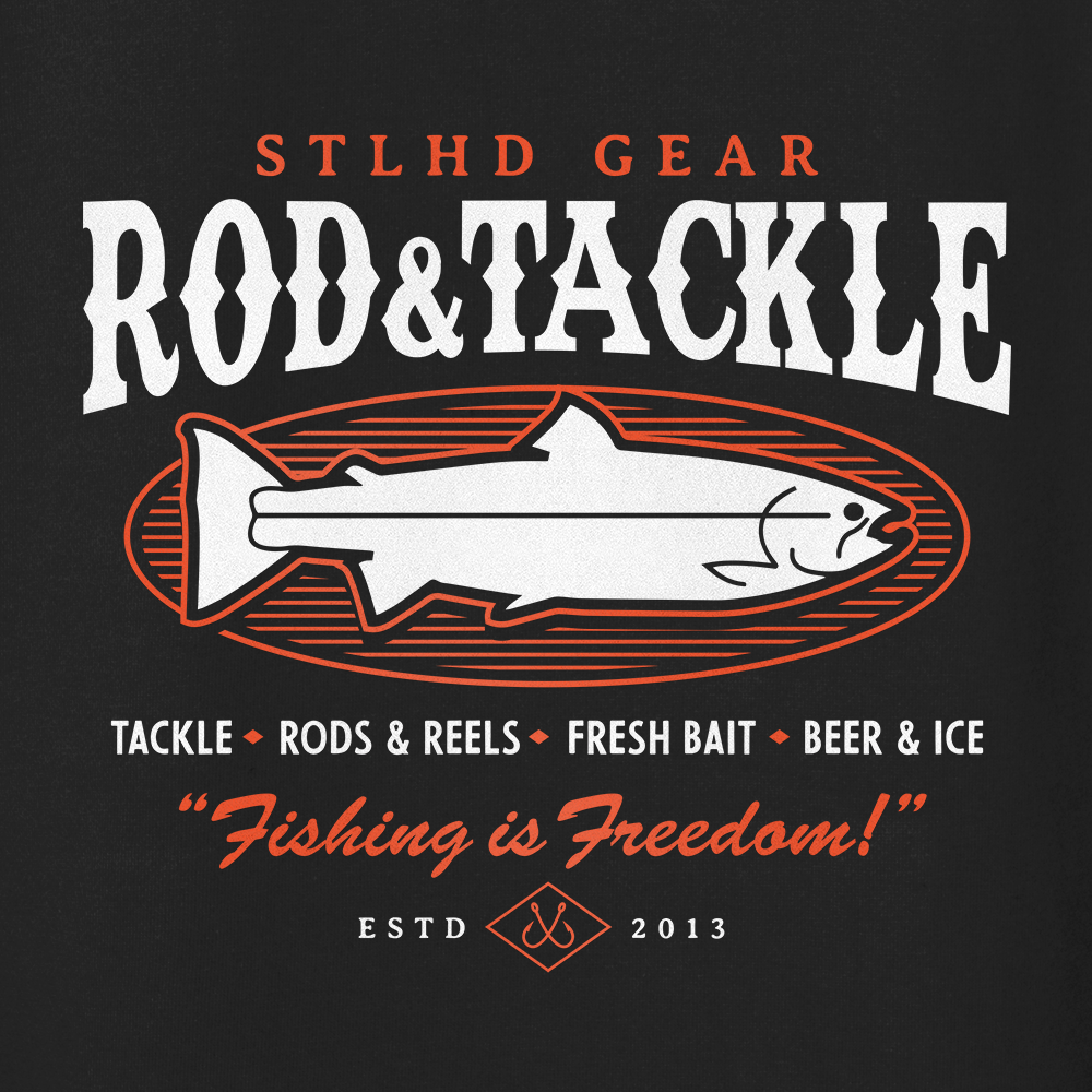 STLHD Gear Rod & Tackle logo with text and fish illustration on a black background