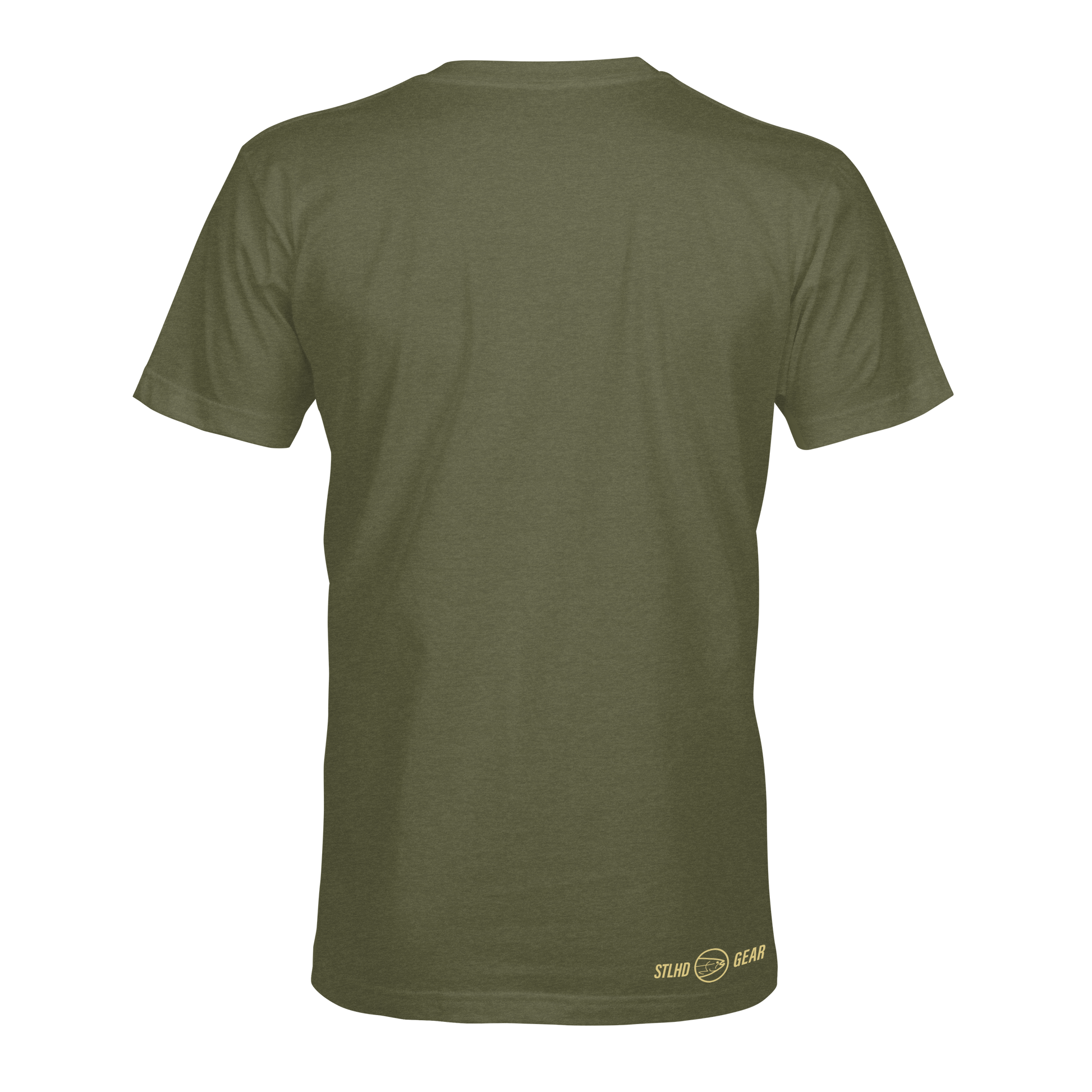 Olive green STLHD Men’s 4x4 T-Shirt by STLHD GEAR shown from the back, with a small light yellow STLN GEAR logo near the right bottom hem—a durable shirt ideal for outdoor enthusiasts.