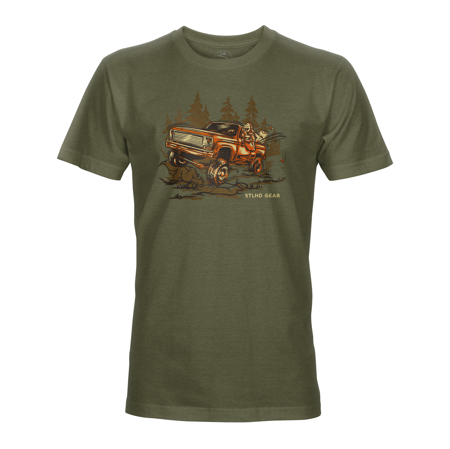 The STLHD GEAR Men’s 4x4 T-Shirt in olive features an orange off-road truck driving through a forest with Stud Gear text—a durable adventure tee made for outdoor enthusiasts.