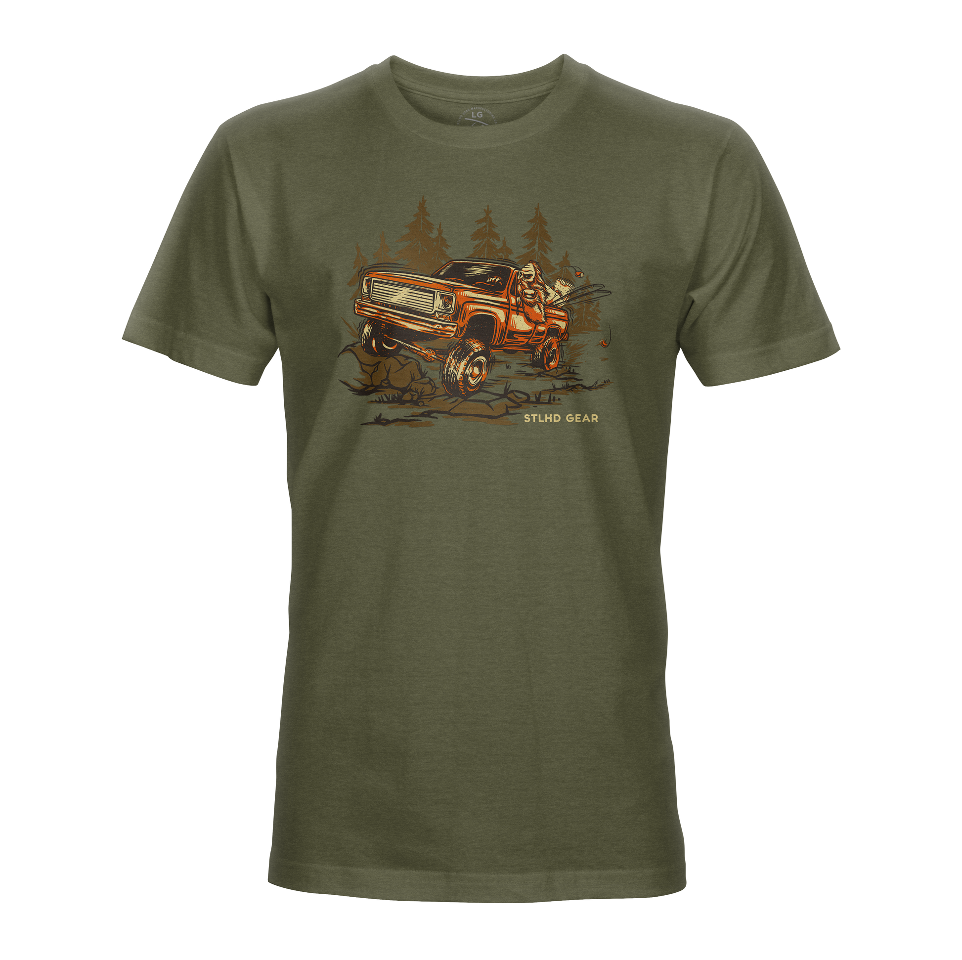 The STLHD GEAR Men’s 4x4 T-Shirt in olive features an orange off-road truck driving through a forest with Stud Gear text—a durable adventure tee made for outdoor enthusiasts.