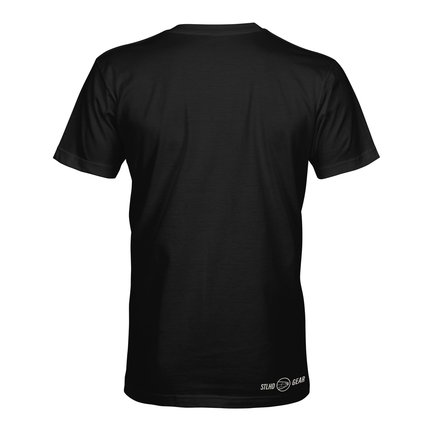 The STLHD GEAR Men’s Chomper T-Shirt is a black short-sleeve tee, shown from the back with a small white STLHD GEAR logo near the lower right hem, crafted for breathable comfort.