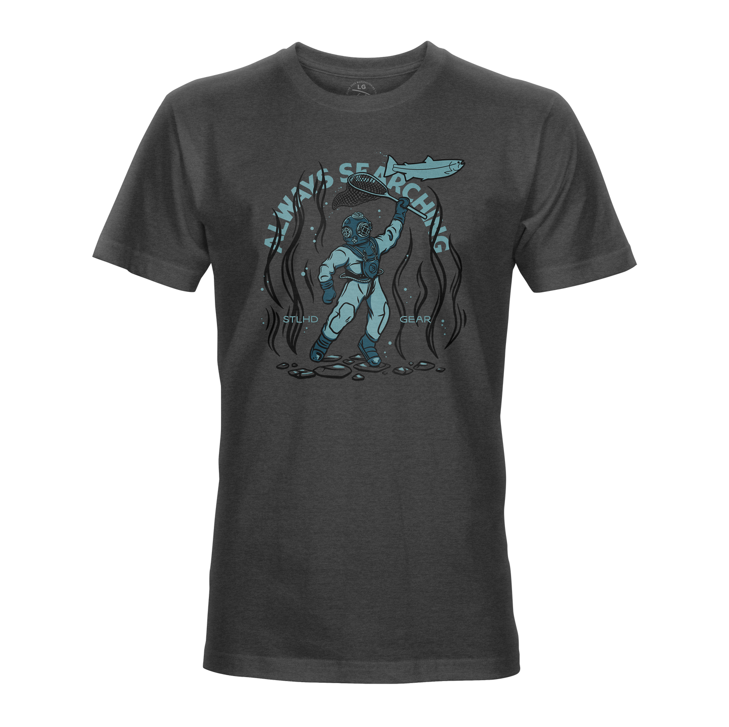 The STLHD GEAR Men’s Deep Dive T-Shirt features a deep-sea diver graphic and ALWAYS SEARCHING/STUDIO CLEAR text. In dark gray, its perfect for outdoor adventure and breathable comfort.