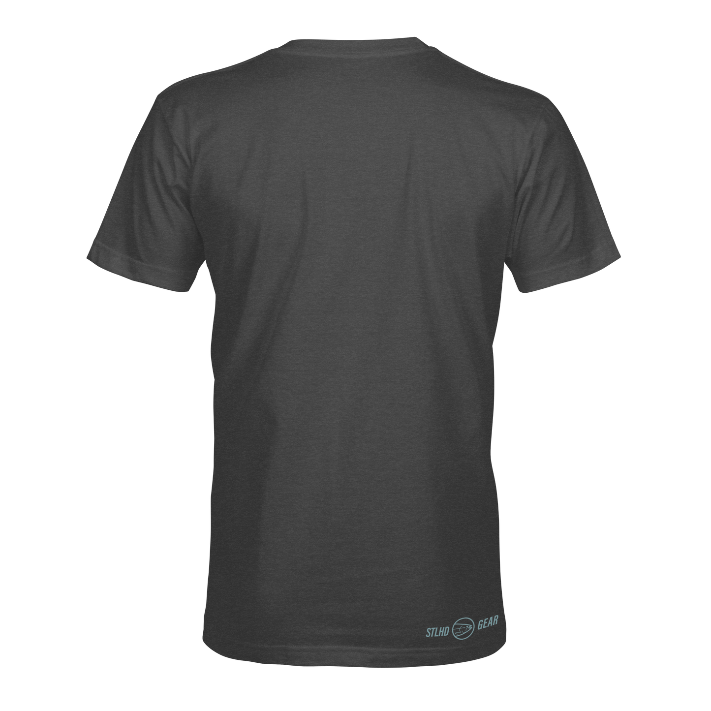 The STLHD GEAR Men’s Deep Dive T-Shirt is a plain dark gray short-sleeve tee shown from the back, with a small Sting Gear logo near the lower right hem, designed for breathable comfort on any outdoor adventure.