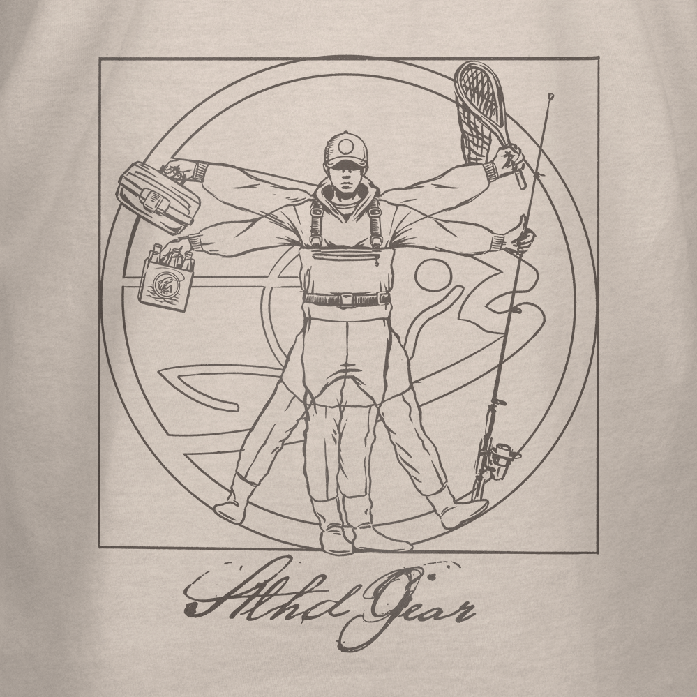 Line drawing mimicking da Vinci’s Vitruvian Man shows a six-armed fisherman with rod, net, and tackle box in a circle. “STLHD Men’s Anatomy T-Shirt” by STLHD GEAR—an ideal premium angler shirt or unique fishing tee for enthusiasts.