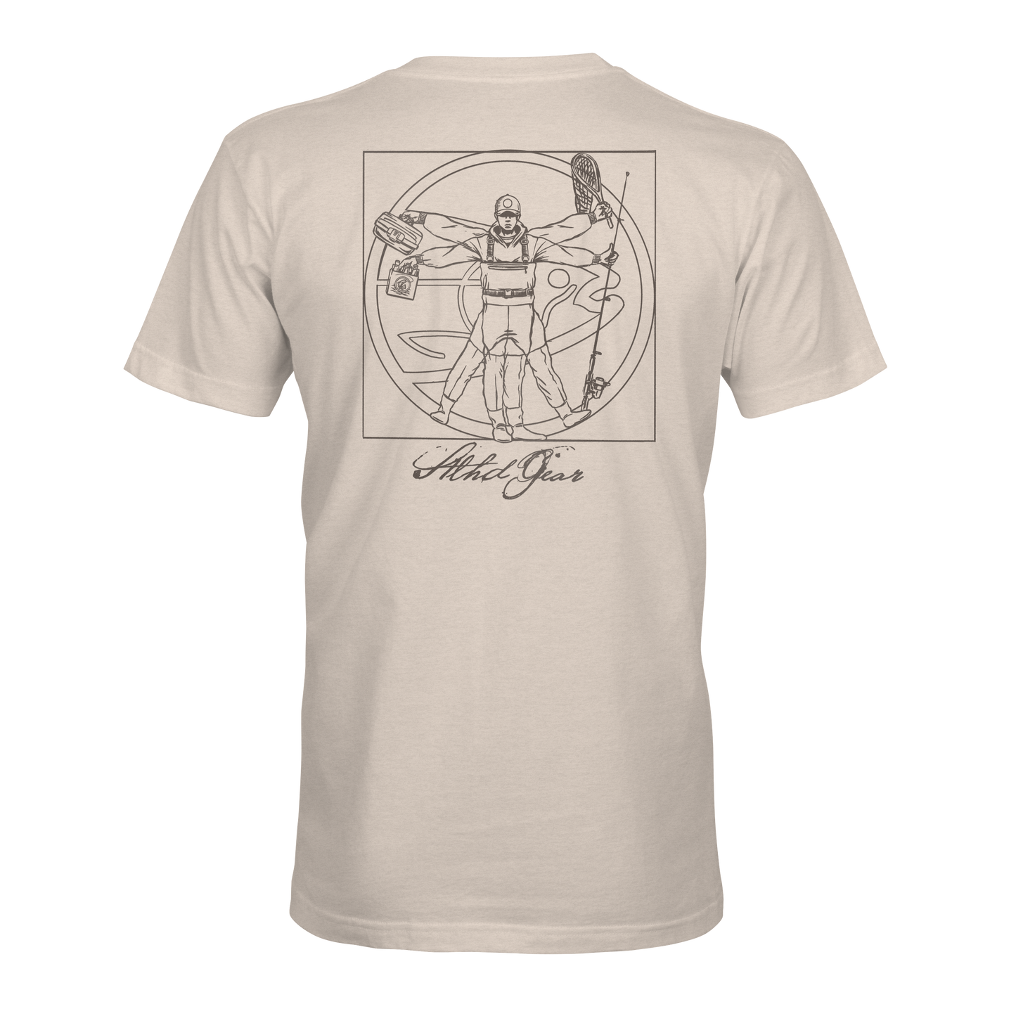 The STLHD Men’s Anatomy T-Shirt by STLHD GEAR is a beige tee with a line drawing of a Vitruvian Man pose—complete with utility belt, spray can, and paint roller—on the back and Strike Gear cursive below. A fresh take on the fishing shirt.