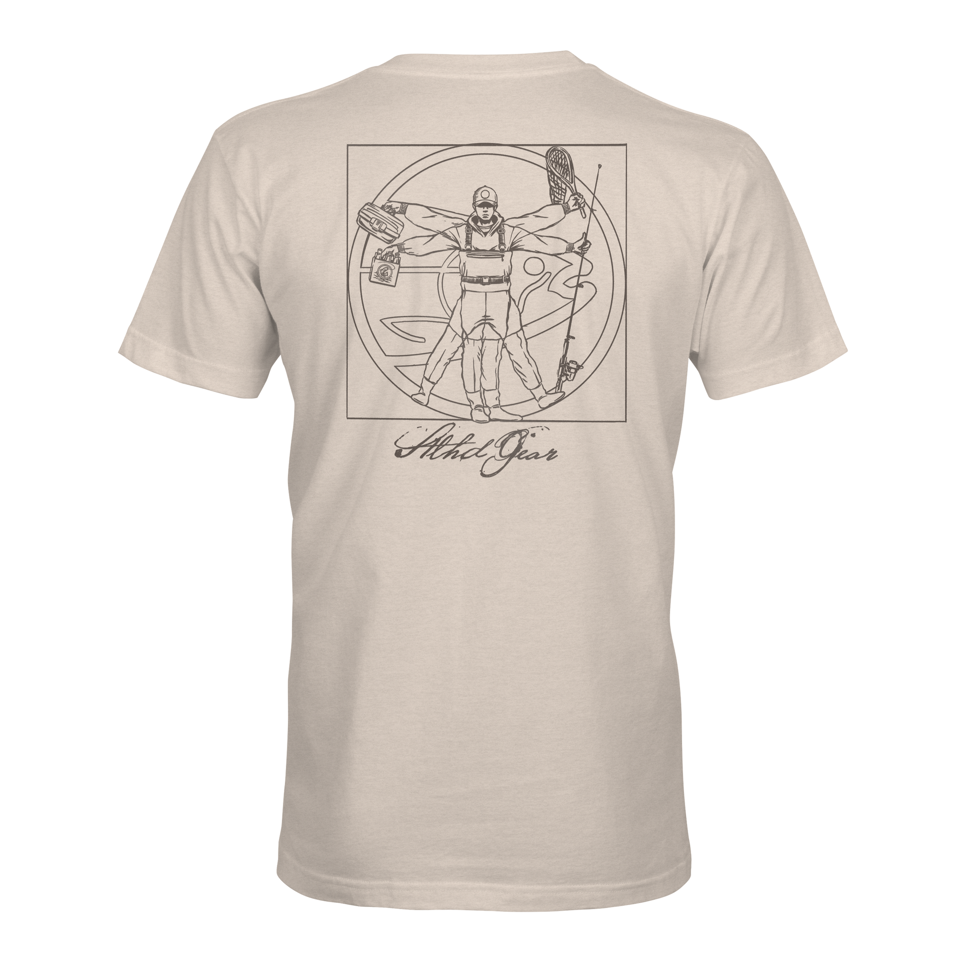 The STLHD Men’s Anatomy T-Shirt by STLHD GEAR is a beige tee with a line drawing of a Vitruvian Man pose—complete with utility belt, spray can, and paint roller—on the back and Strike Gear cursive below. A fresh take on the fishing shirt.