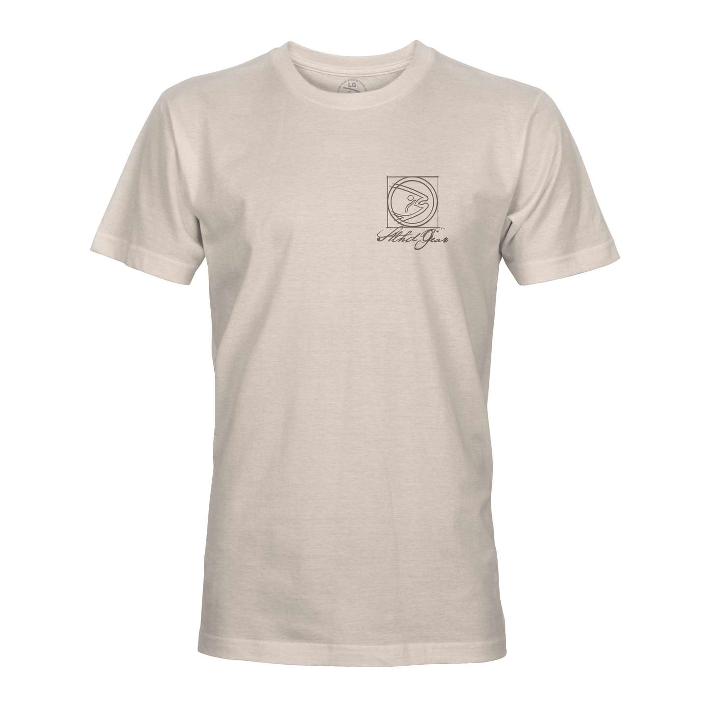 The STLHD GEAR Men’s Anatomy T-Shirt is a light beige short-sleeve tee with a classic crew neck, featuring a small black minimalist logo and cursive text on the left chest.