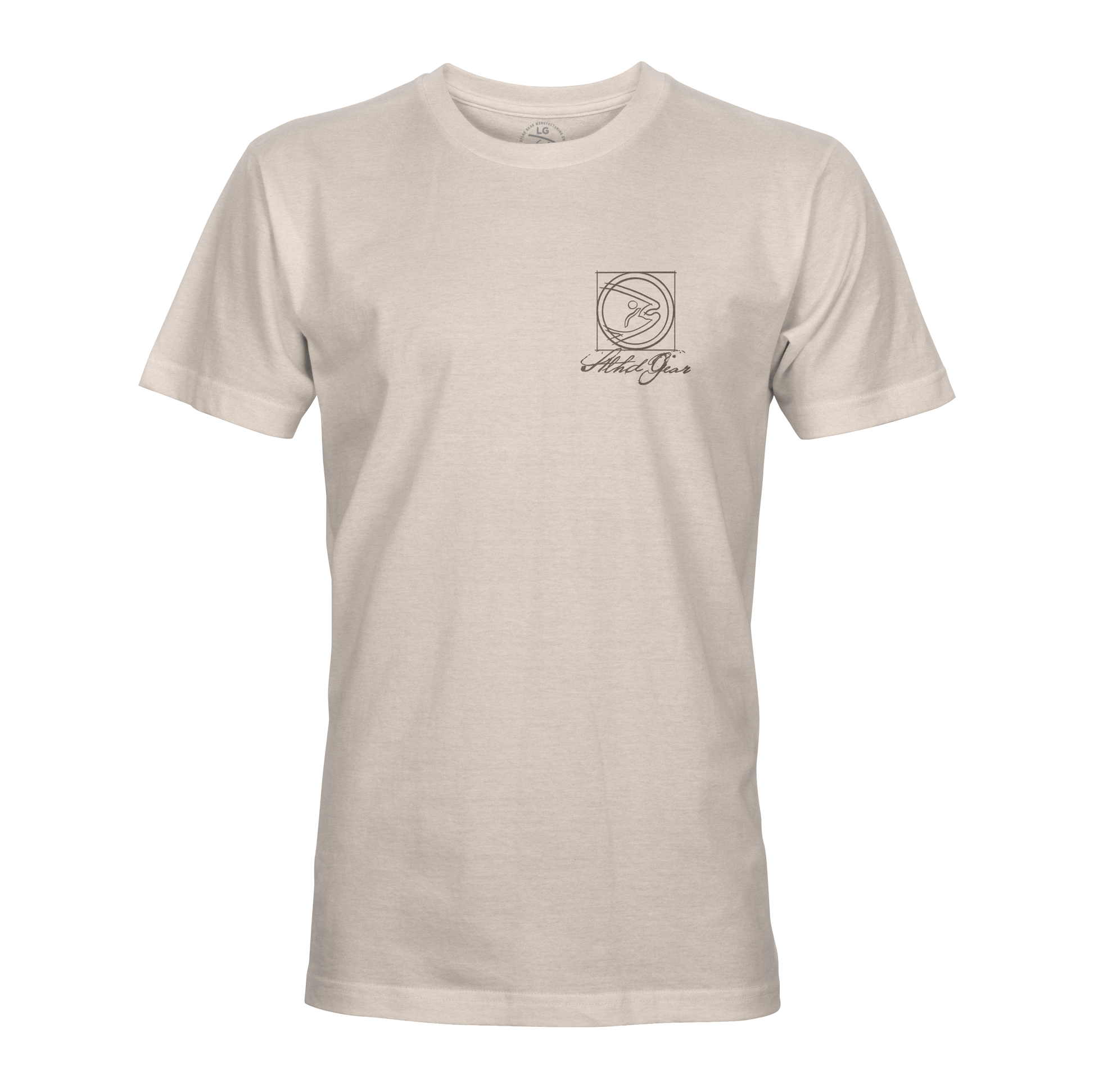 The STLHD GEAR Men’s Anatomy T-Shirt is a light beige short-sleeve tee with a classic crew neck, featuring a small black minimalist logo and cursive text on the left chest.