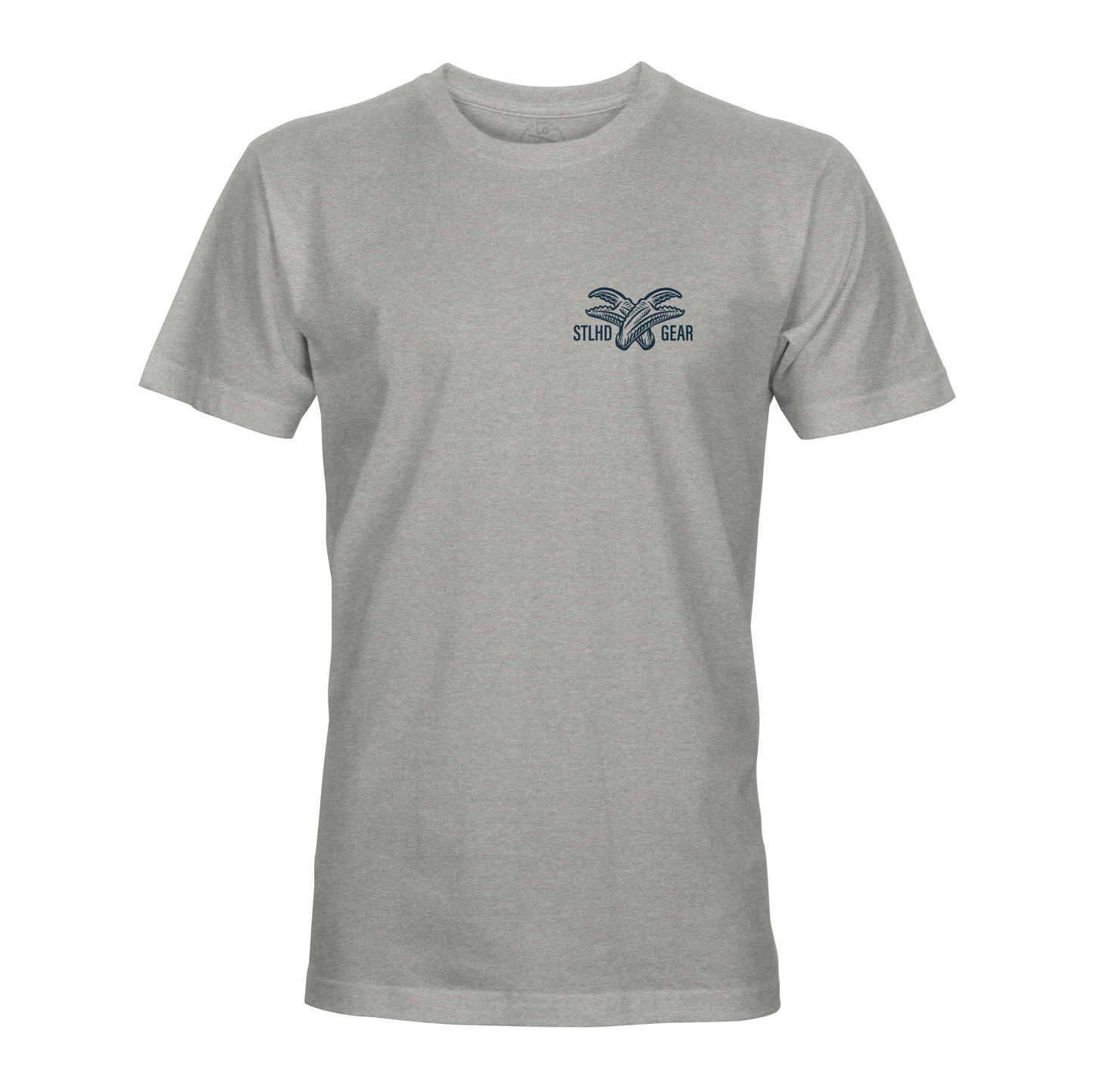 The STLHD Mens Crabby T-Shirt by STLHD GEAR is a light gray, short-sleeve tee offering breathable comfort with a small blue Stylus Bear logo and crossed styluses graphic on the left chest.
