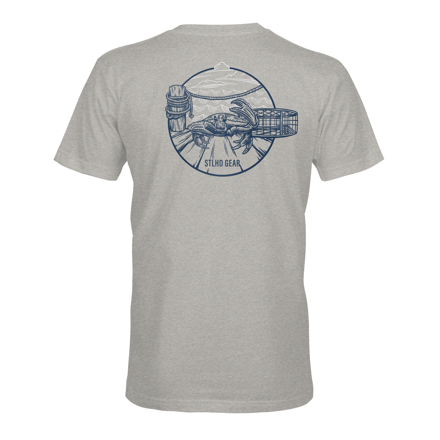 The STLHD Mens Crabby T-Shirt by STLHD GEAR is a heather gray fishing tee featuring a blue back graphic with hands holding fishing gear, a fish, basket, and scenic mountains. Enjoy breathable comfort. SILO GEAR is printed below the design.