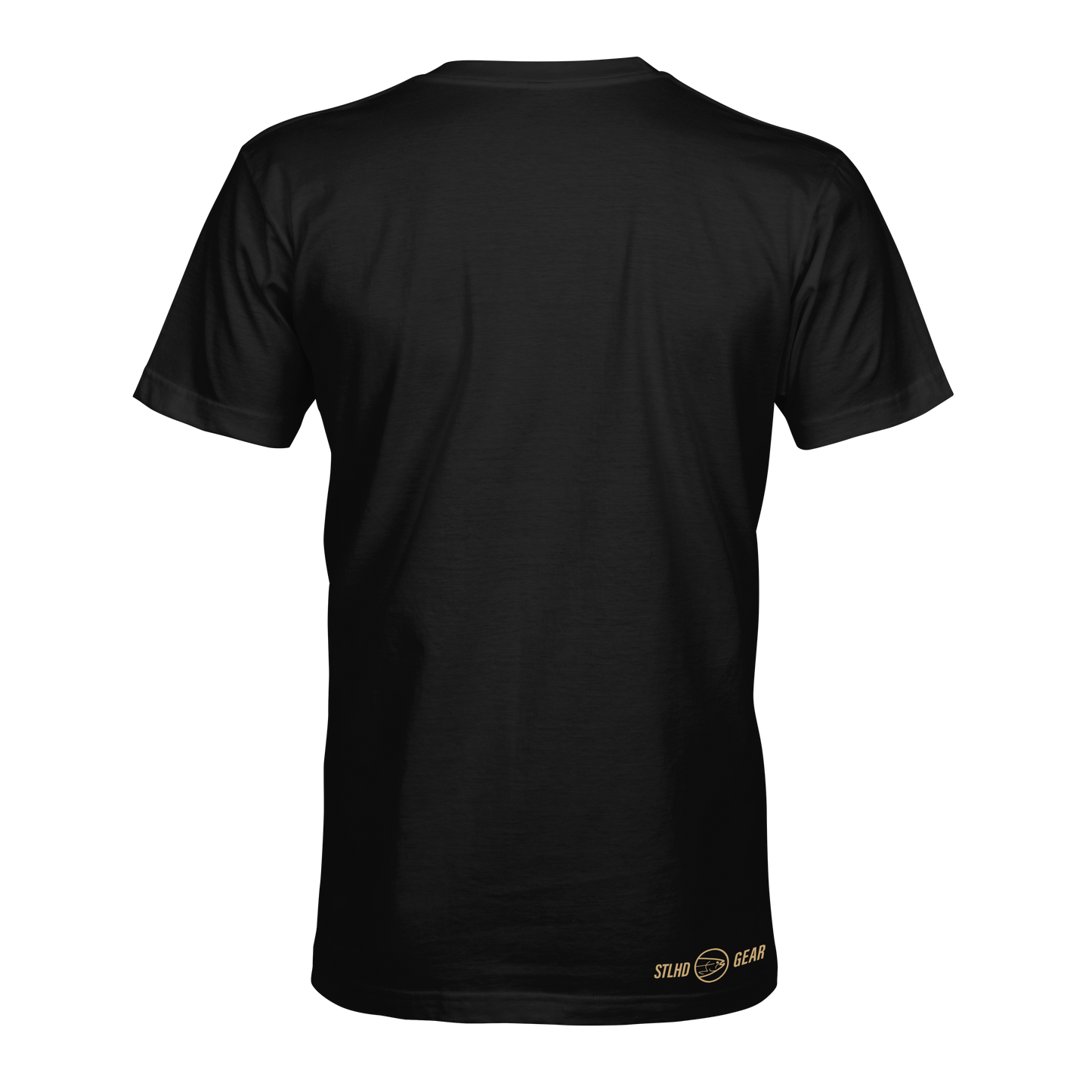 The STLHD GEAR Loosey Goosey T-Shirt is a plain black short-sleeve tee, shown from the back, featuring a small yellow Stand Gear logo near the right hem—ideal as a breathable fishing shirt.