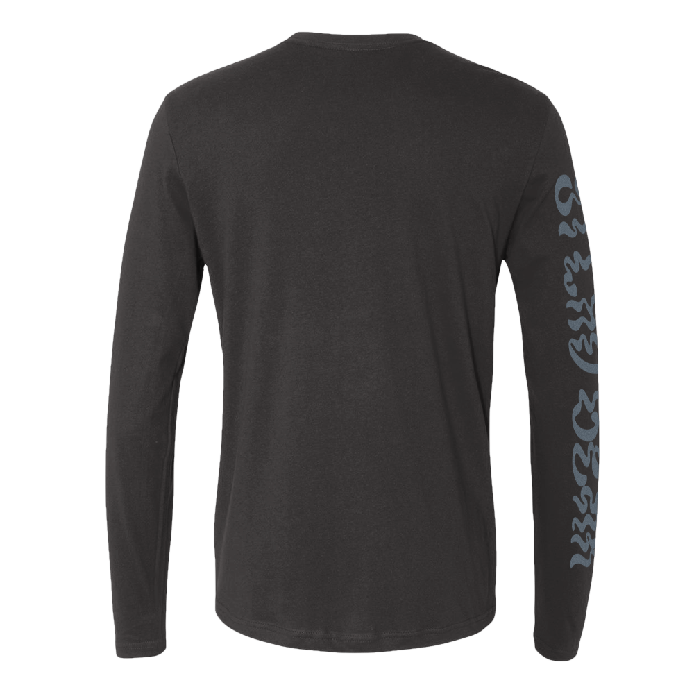 Black long-sleeve shirt with branding on sleeves against a white background