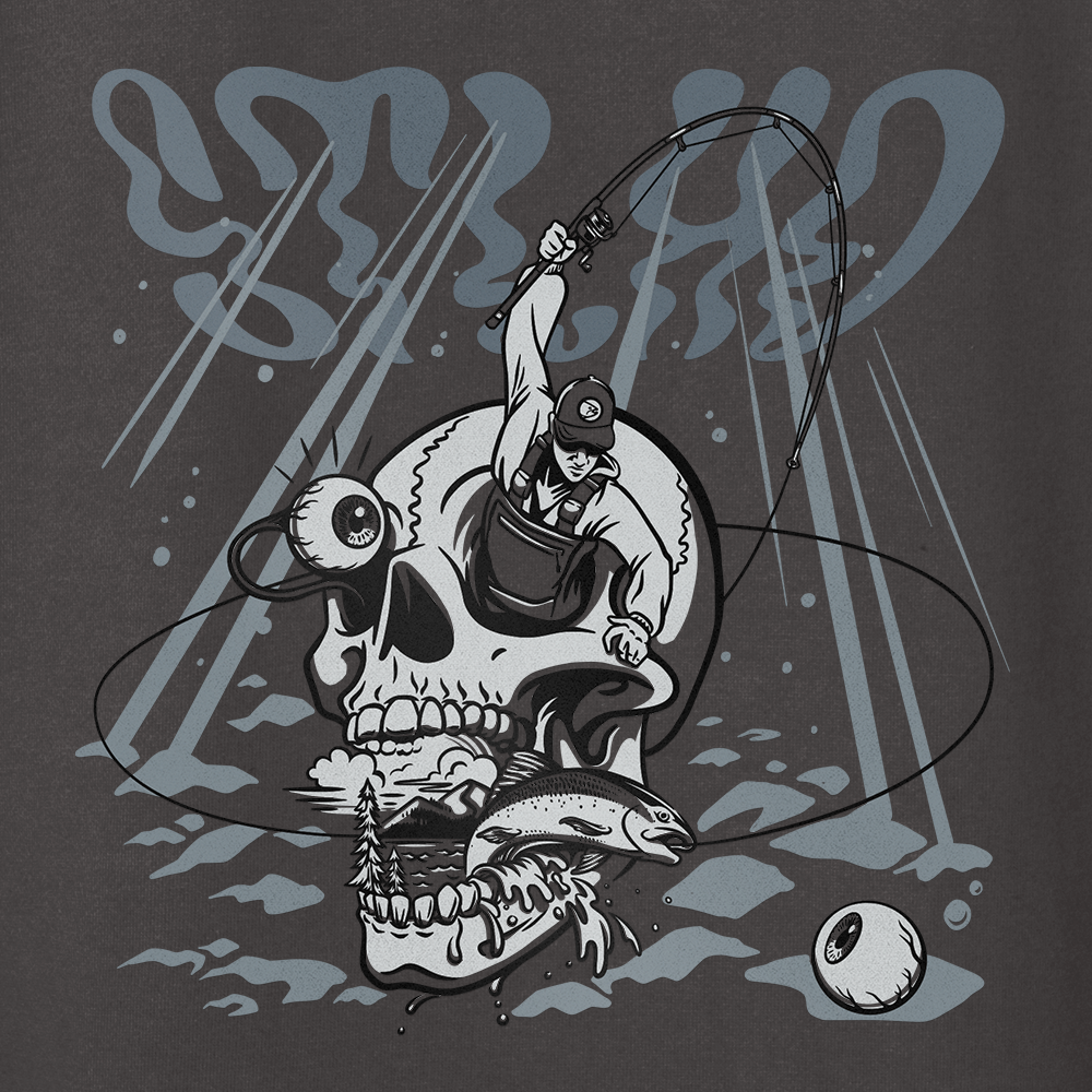 STLHD WILD RIVER T-shirt design with a skull, fish, and person on a dark background