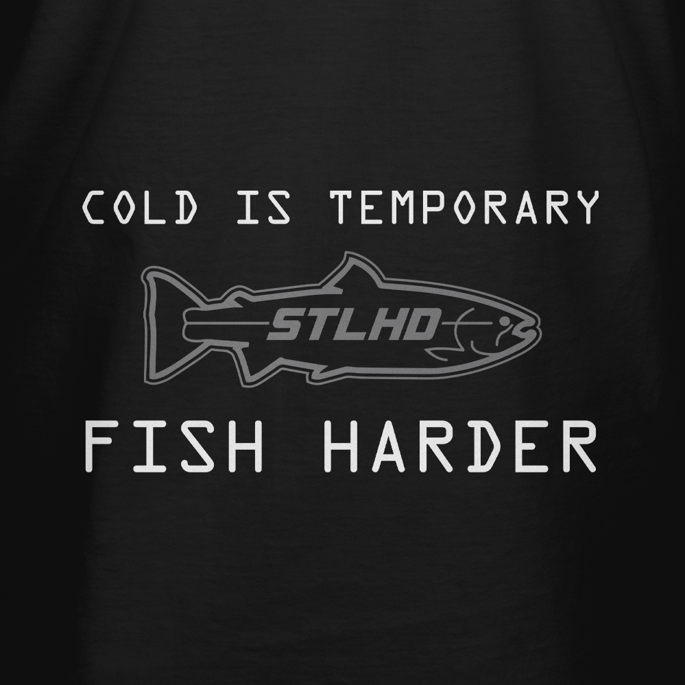 The STLHD Fish Harder T-shirt by STLHD GEAR features bold white text, COLD IS TEMPORARY FISH HARDER, and a fish outline with STLHD inside—ideal for hardcore anglers who want a standout fishing tee.