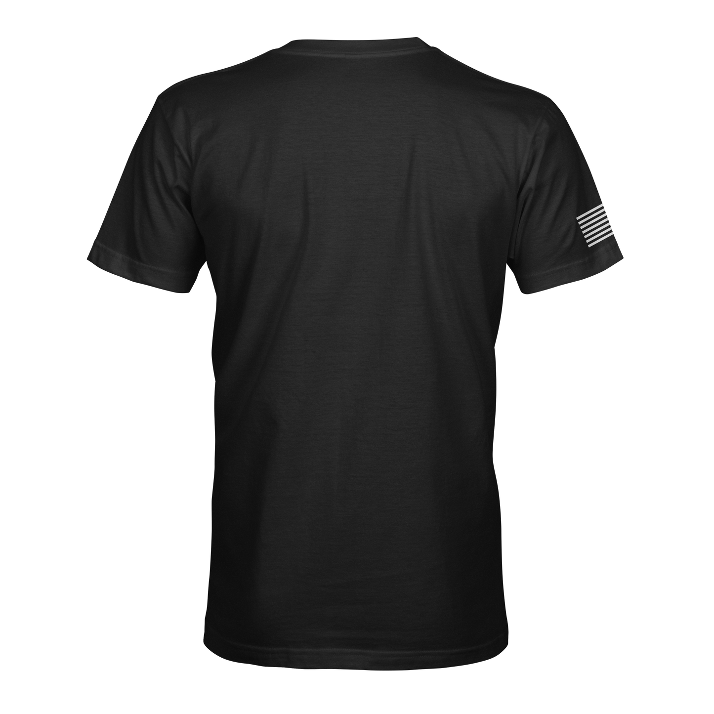 The STLHD Fish Harder T-shirt by STLHD GEAR is a plain black short-sleeve fishing tee with a white American flag on the right sleeve—ideal for hardcore anglers seeking classic style and comfort.