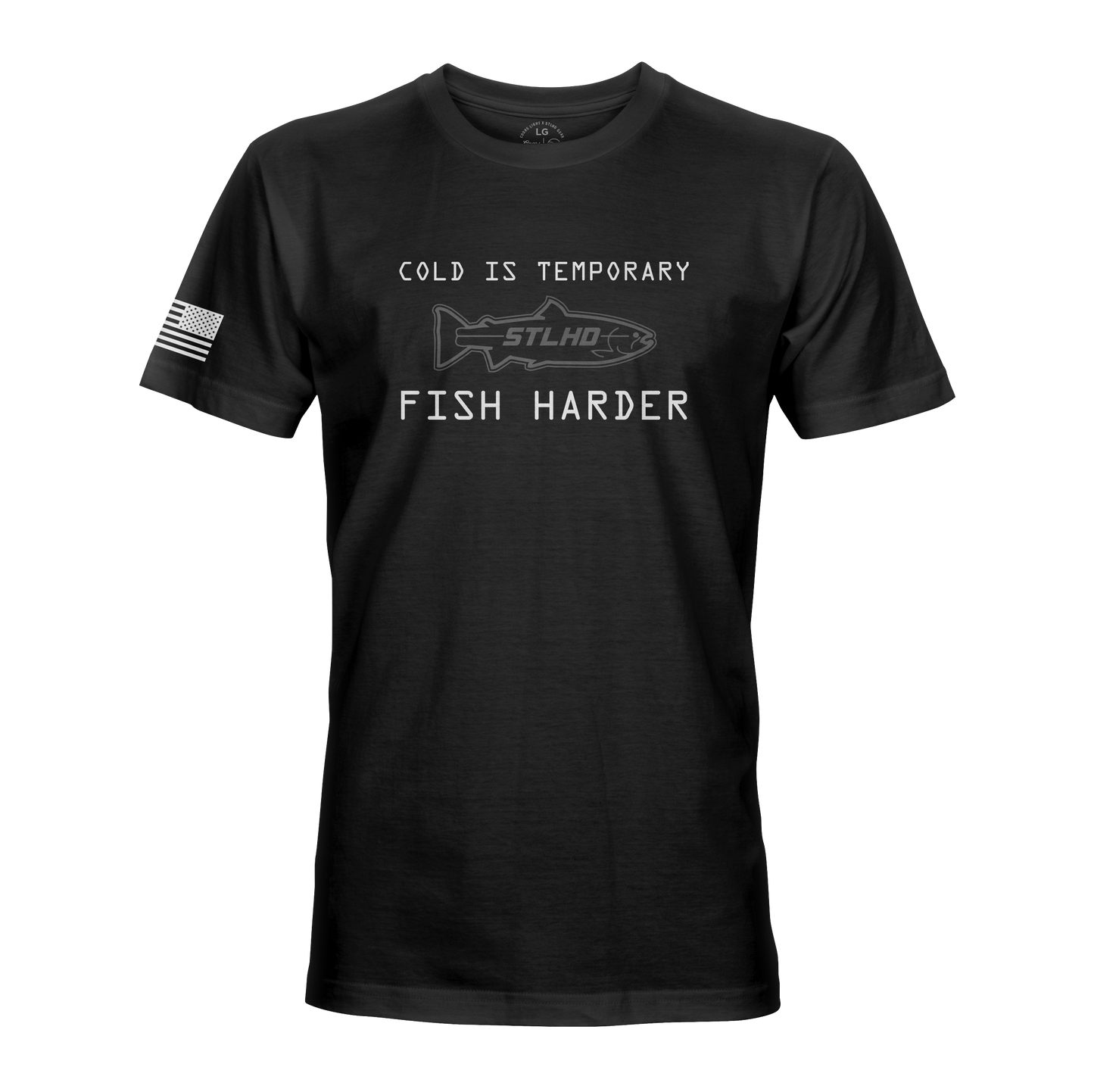 The STLHD Fish Harder T-shirt from STLHD GEAR features “COLD IS TEMPORARY” over a fish outline, “FISH HARDER” below, and an American flag on the right sleeve—perfect for dedicated anglers.
