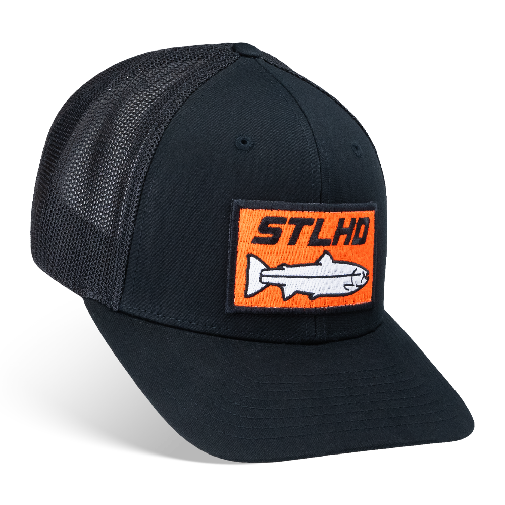 Show off your STLHD Beaver State pride in the STLHD GEAR Beaver State Flex Fit Trucker—a black mesh hat with an orange rectangular patch featuring STLHD above a white fish illustration.