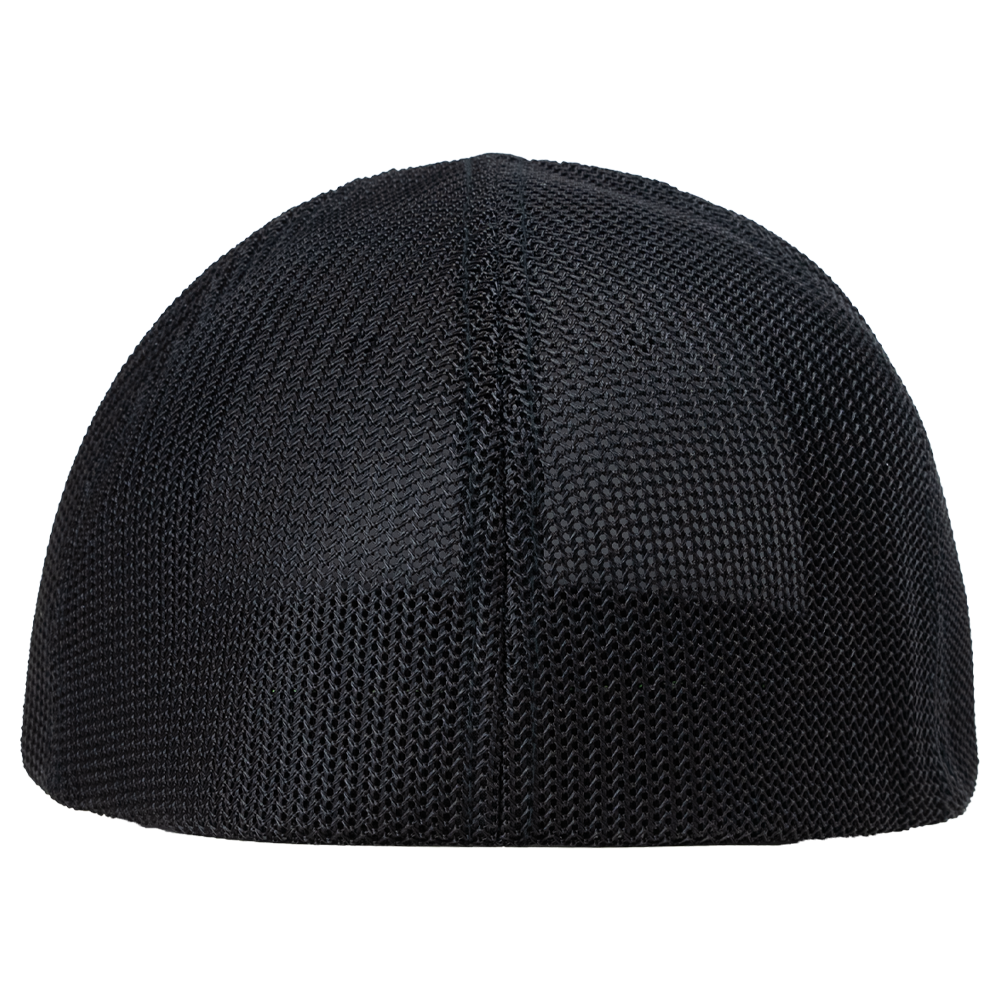 The STLHD Beaver State Flex Fit Trucker Hat by STLHD GEAR is shown from the back in black mesh, highlighting its textured, breathable design with a seamless look and no visible straps or adjustment features.
