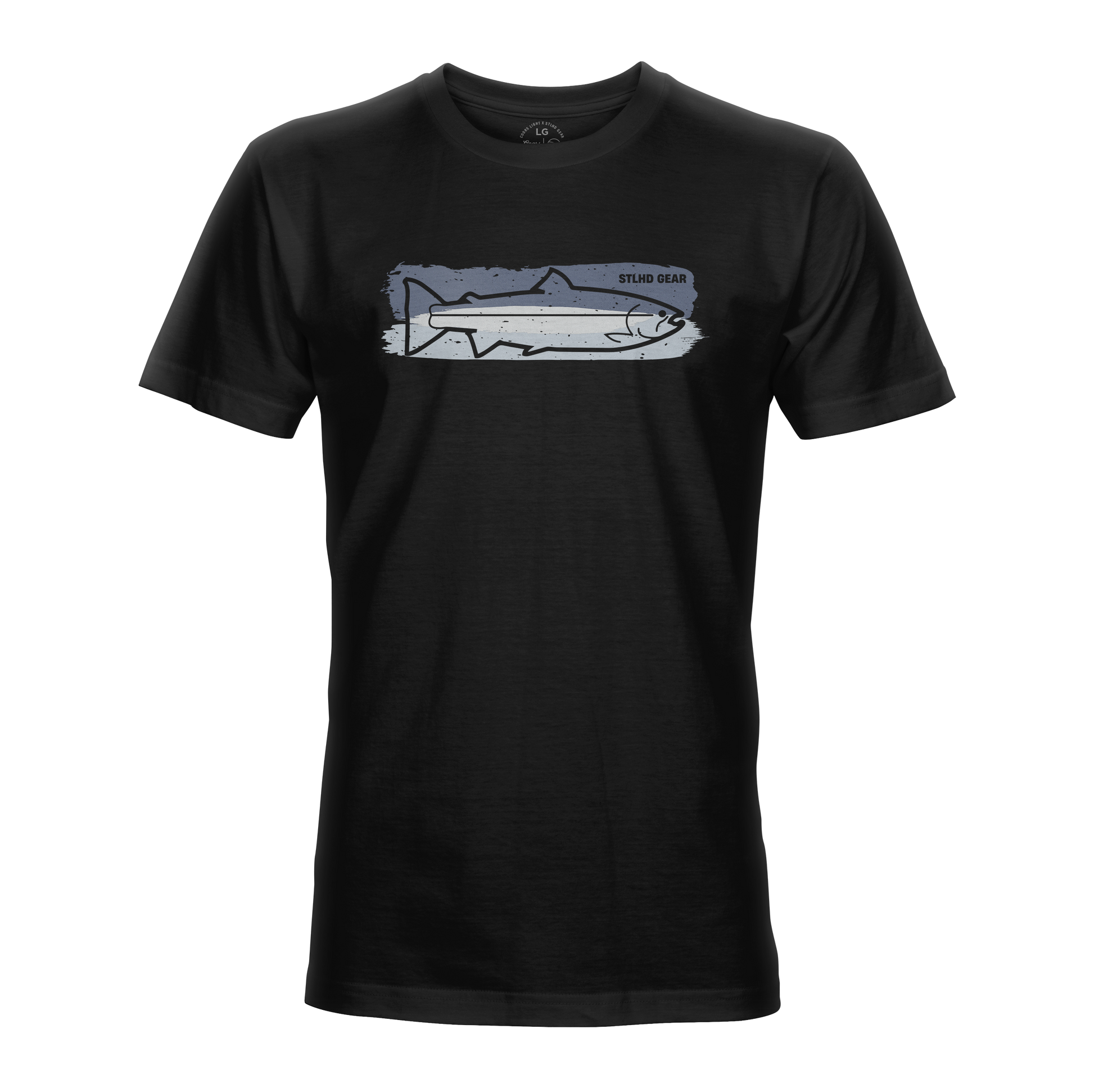 The STLHD Chrome T-Shirt by STLHD GEAR is a black fishing tee featuring a minimalist fish graphic and logo—ideal for outdoor enthusiasts.