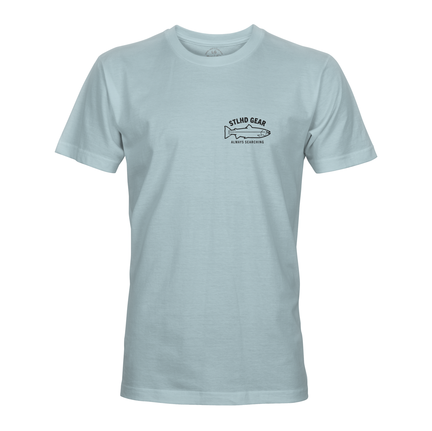 The STLHD Coastie T-Shirt by STLHD GEAR features a light blue color, small fish graphic, and “Stlhd Gear” and “Always Searching” text. Designed for breathable comfort, it’s the perfect go-to shirt for any outdoorsman.