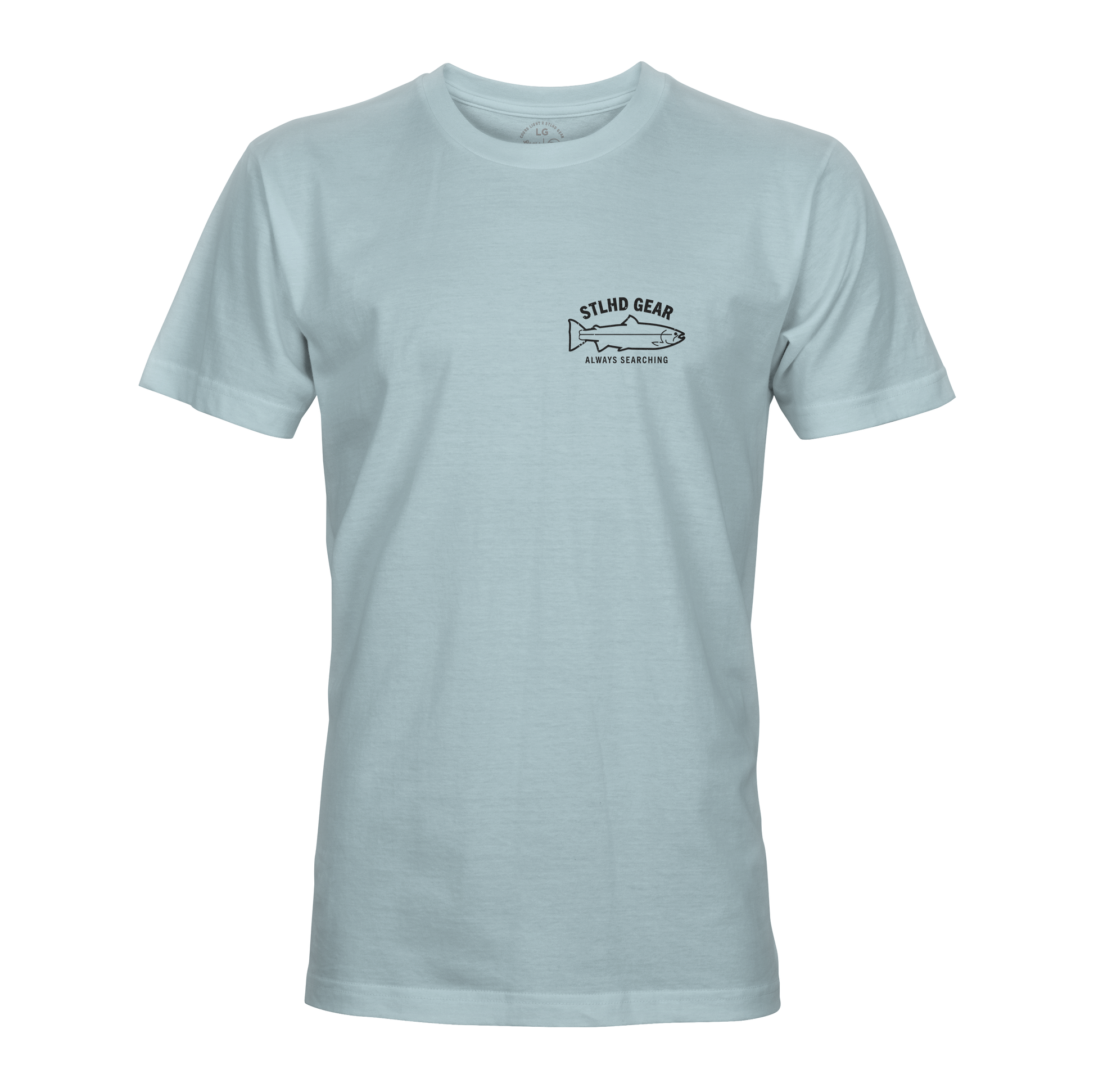 The STLHD Coastie T-Shirt by STLHD GEAR features a light blue color, small fish graphic, and “Stlhd Gear” and “Always Searching” text. Designed for breathable comfort, it’s the perfect go-to shirt for any outdoorsman.
